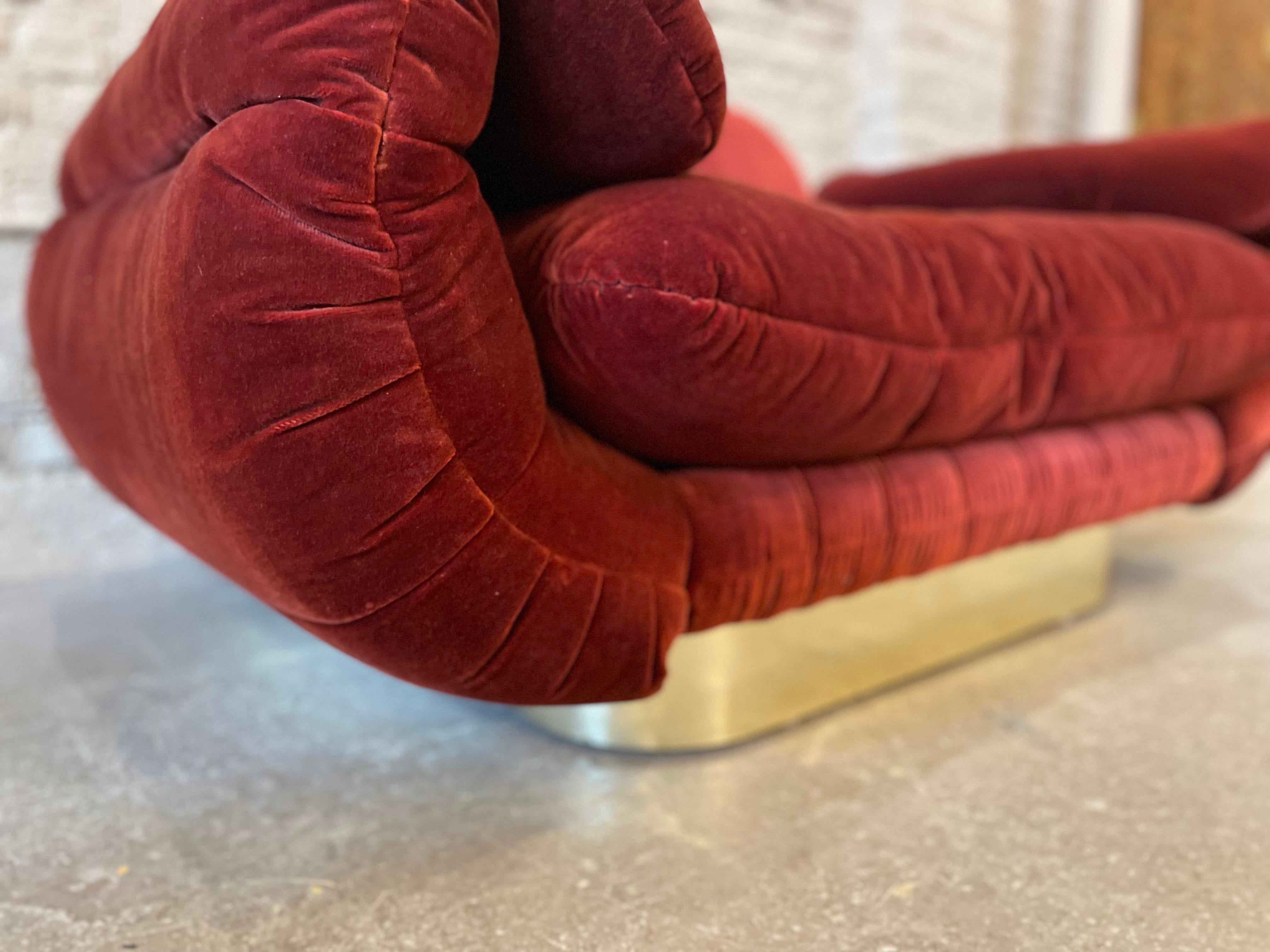 1970s Sofa With Curved Arm and Brass Plinth Base
