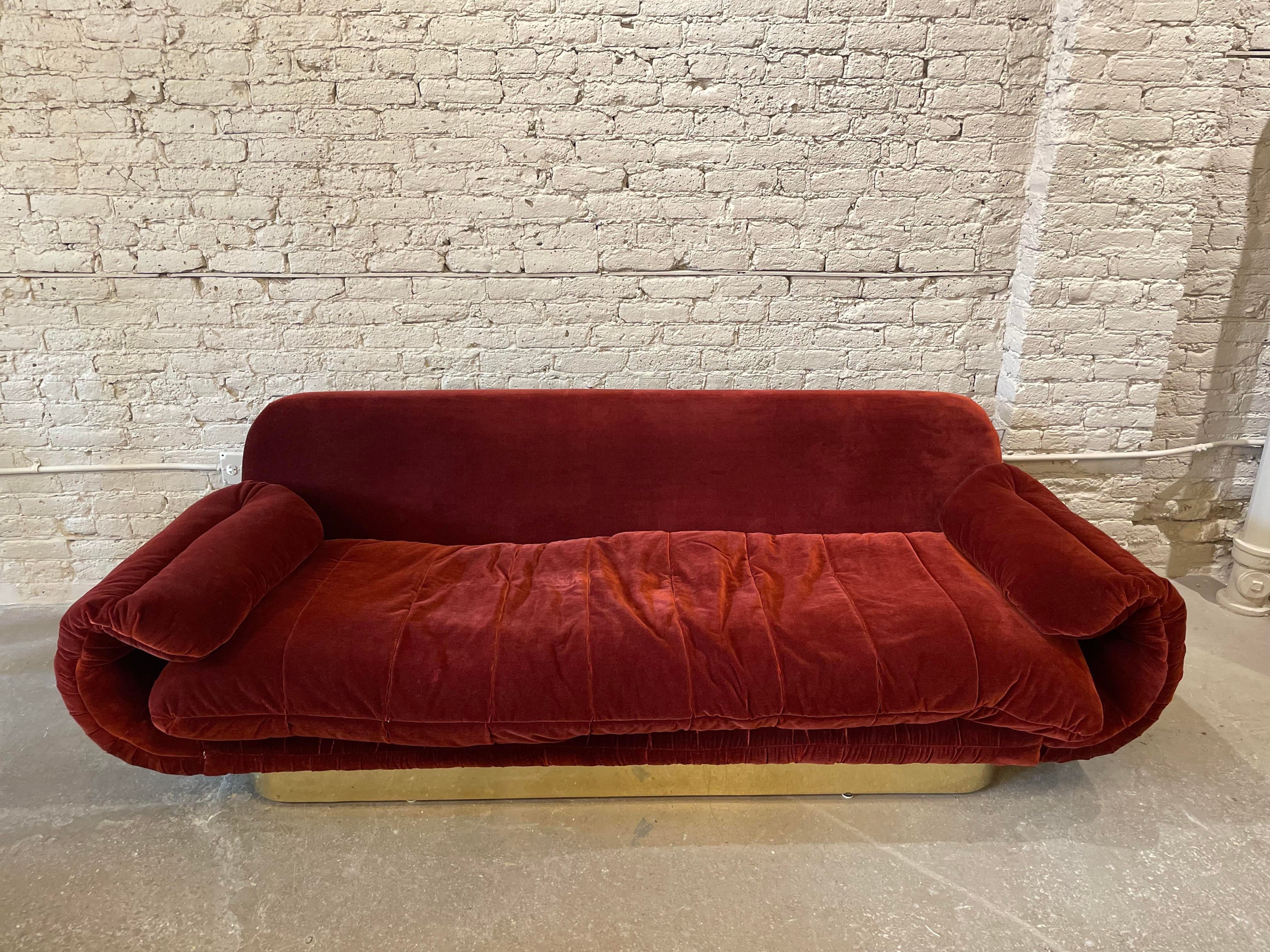 1970s Sofa With Curved Arm and Brass Plinth Base