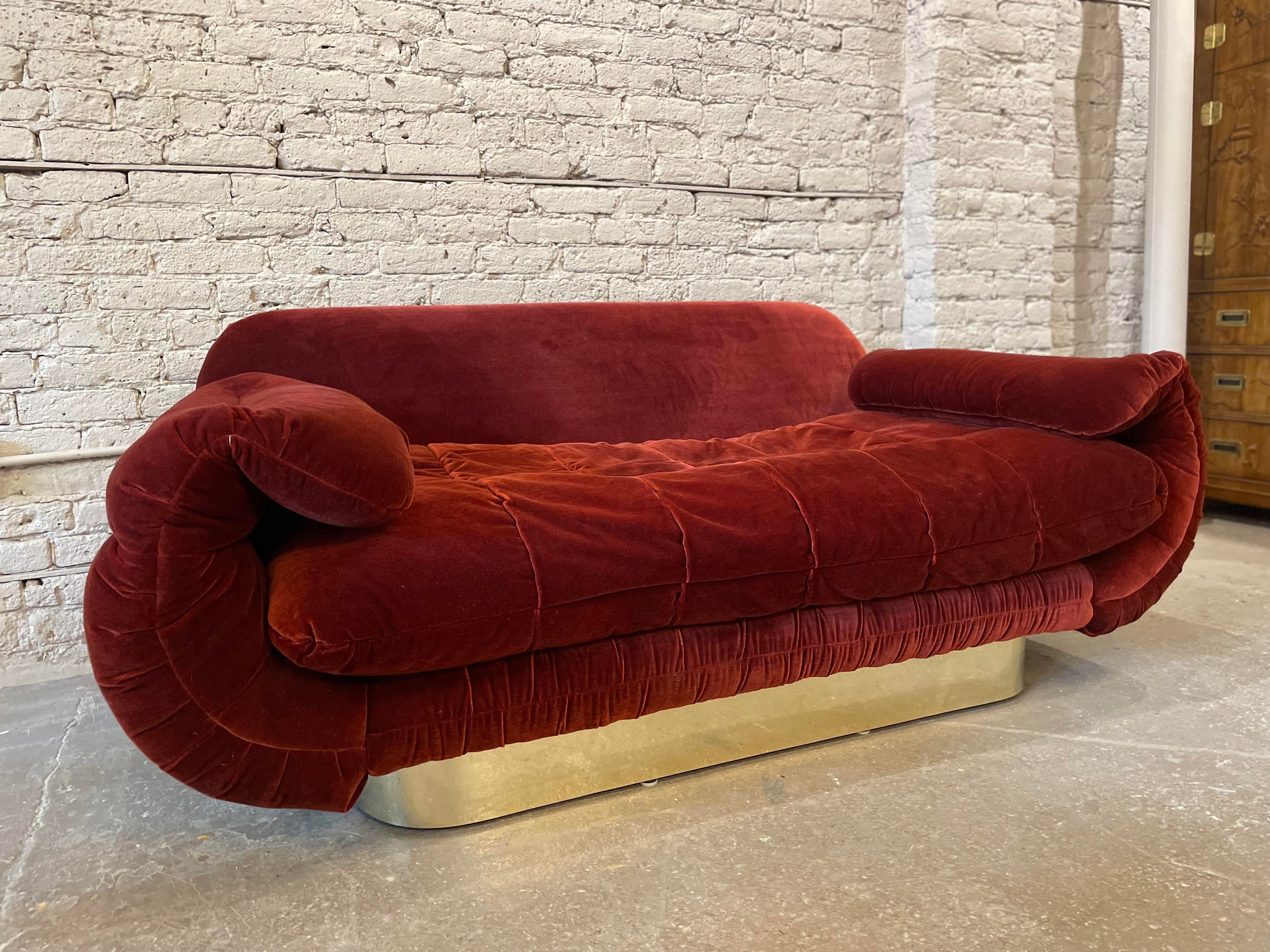 1970s Sofa With Curved Arm and Brass Plinth Base