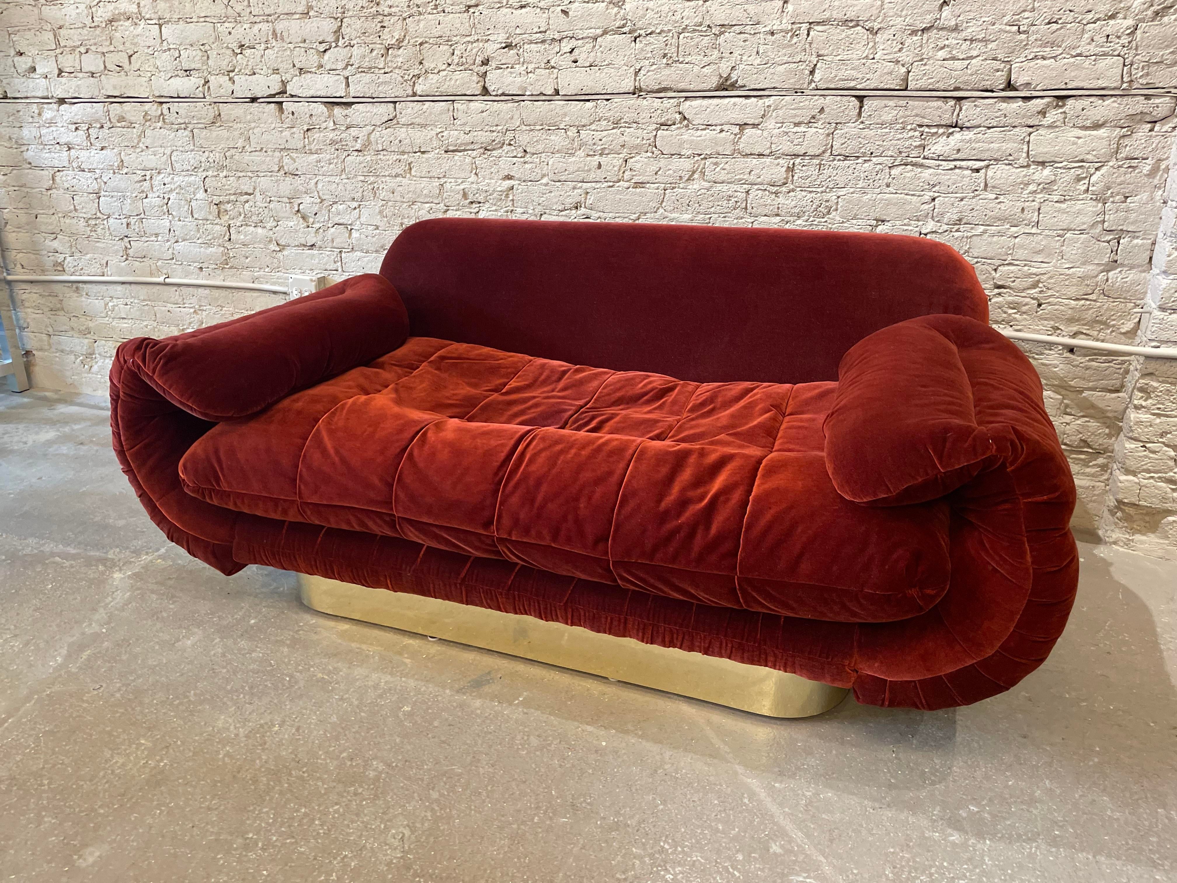 1970s Sofa With Curved Arm and Brass Plinth Base