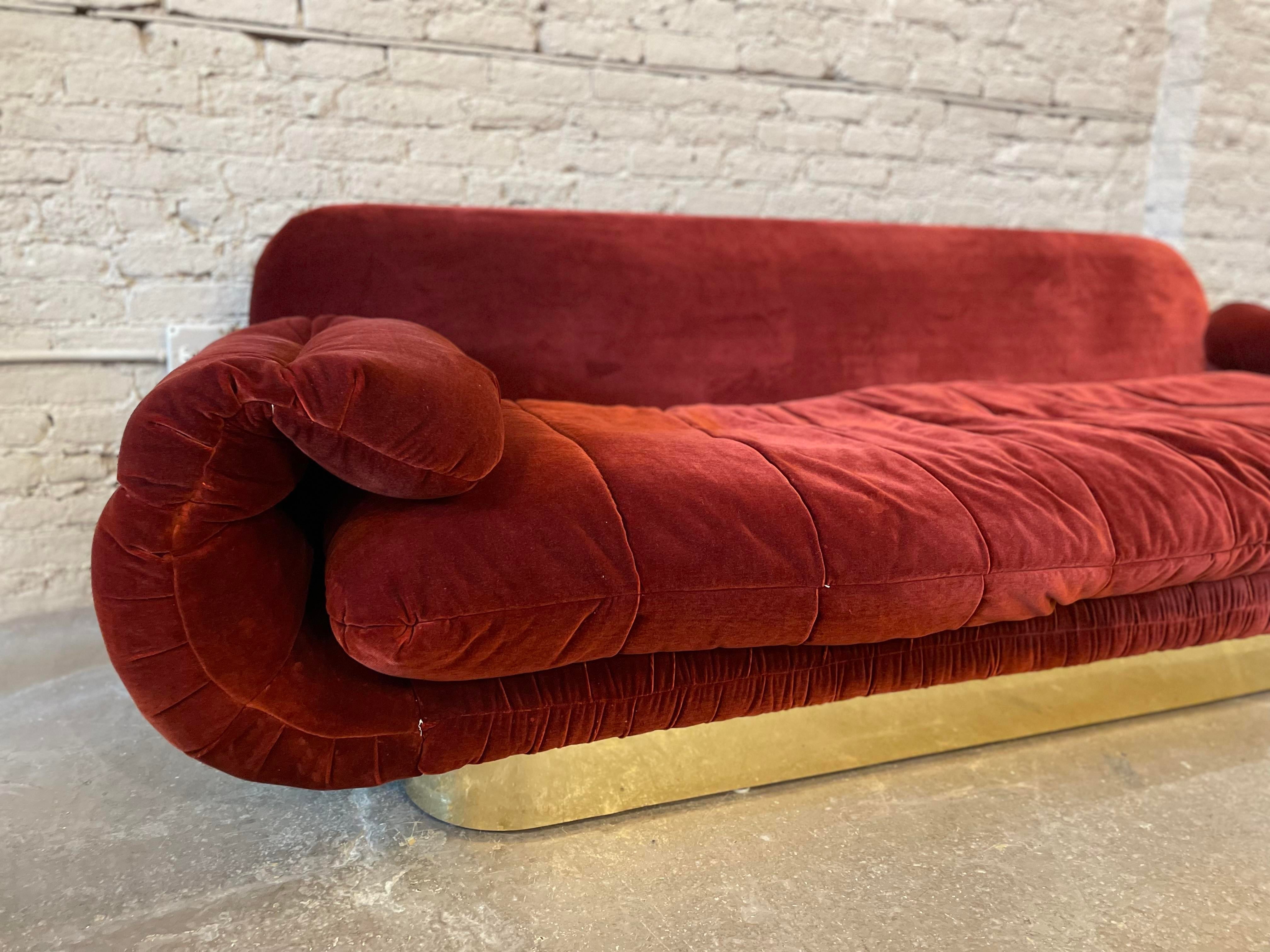 1970s Sofa With Curved Arm and Brass Plinth Base