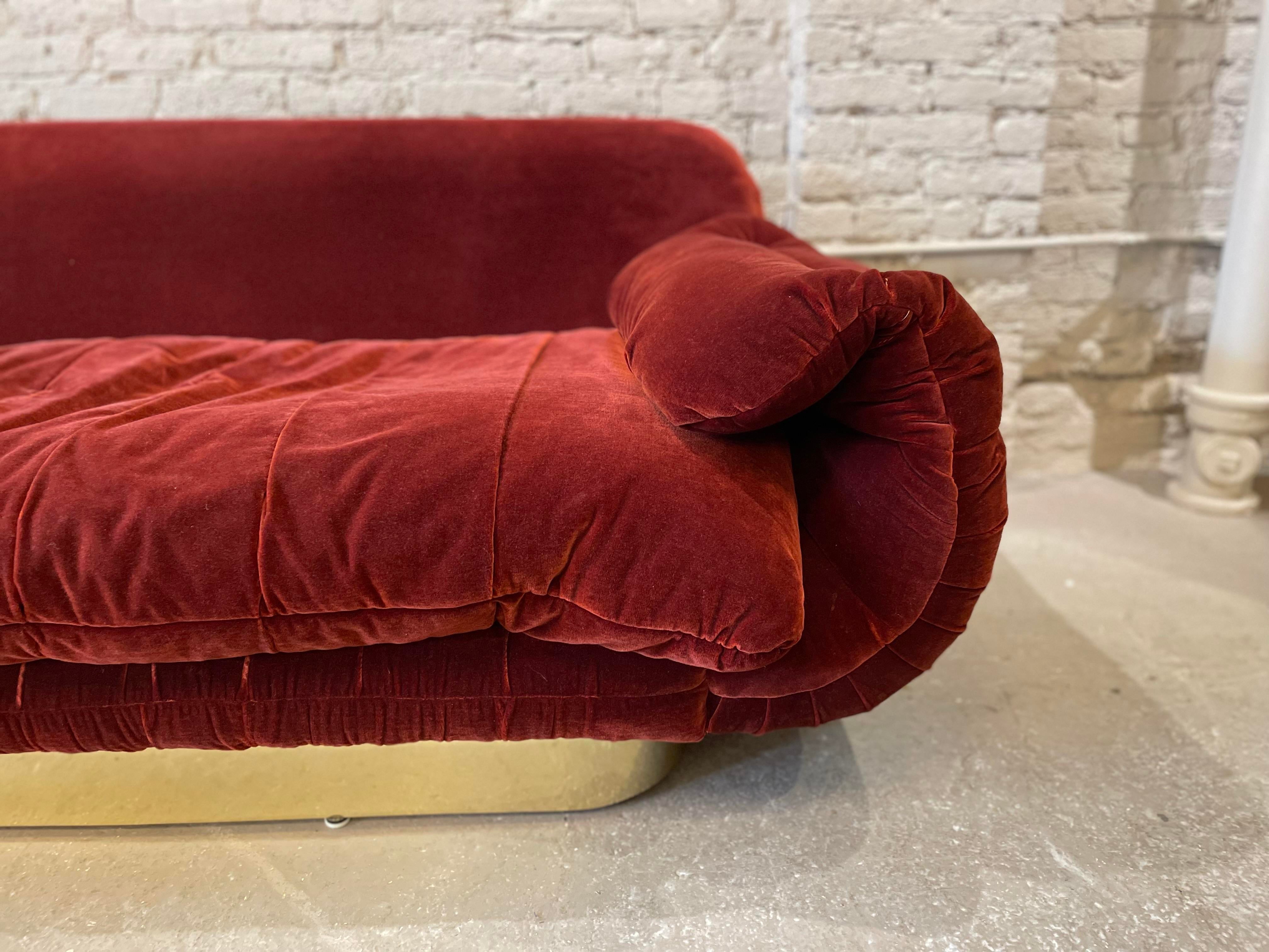 1970s Sofa With Curved Arm and Brass Plinth Base
