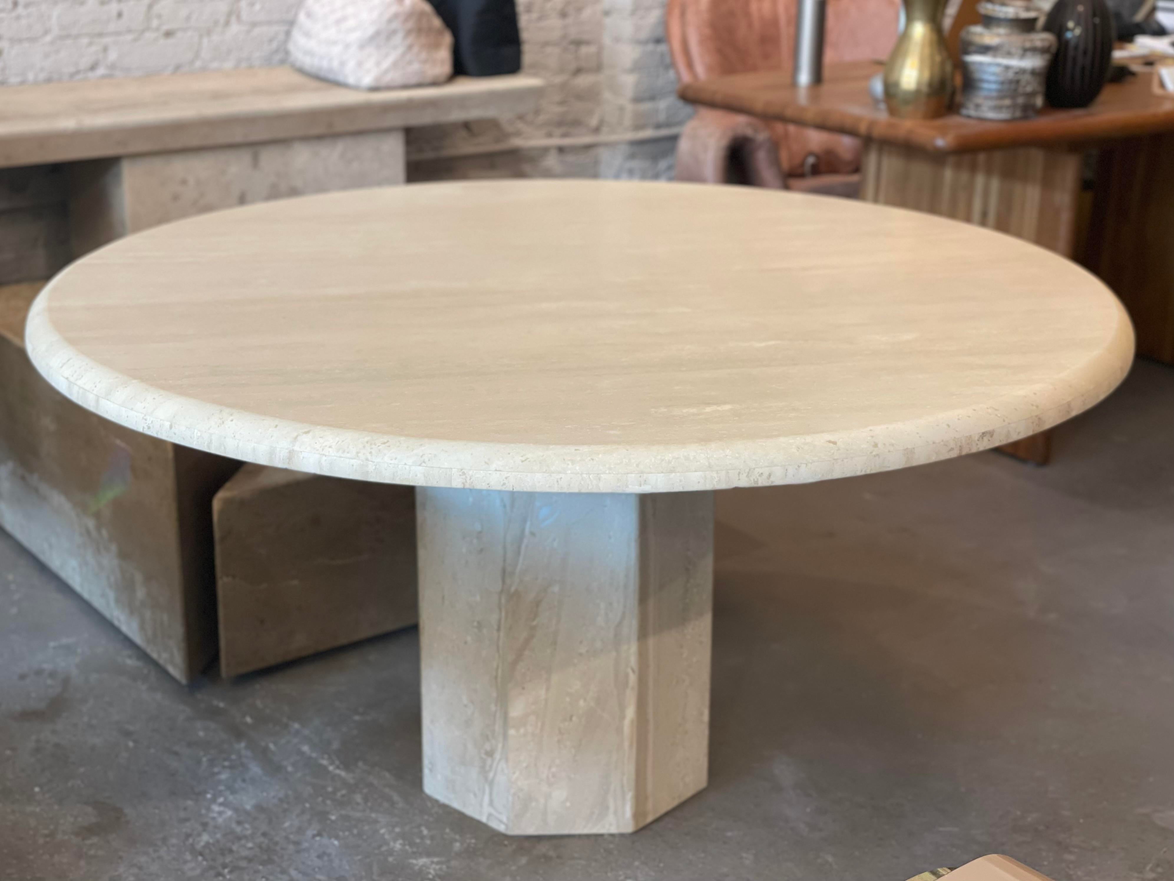 1970s Travertine Postmodern Vintage Honed Round Dining Table