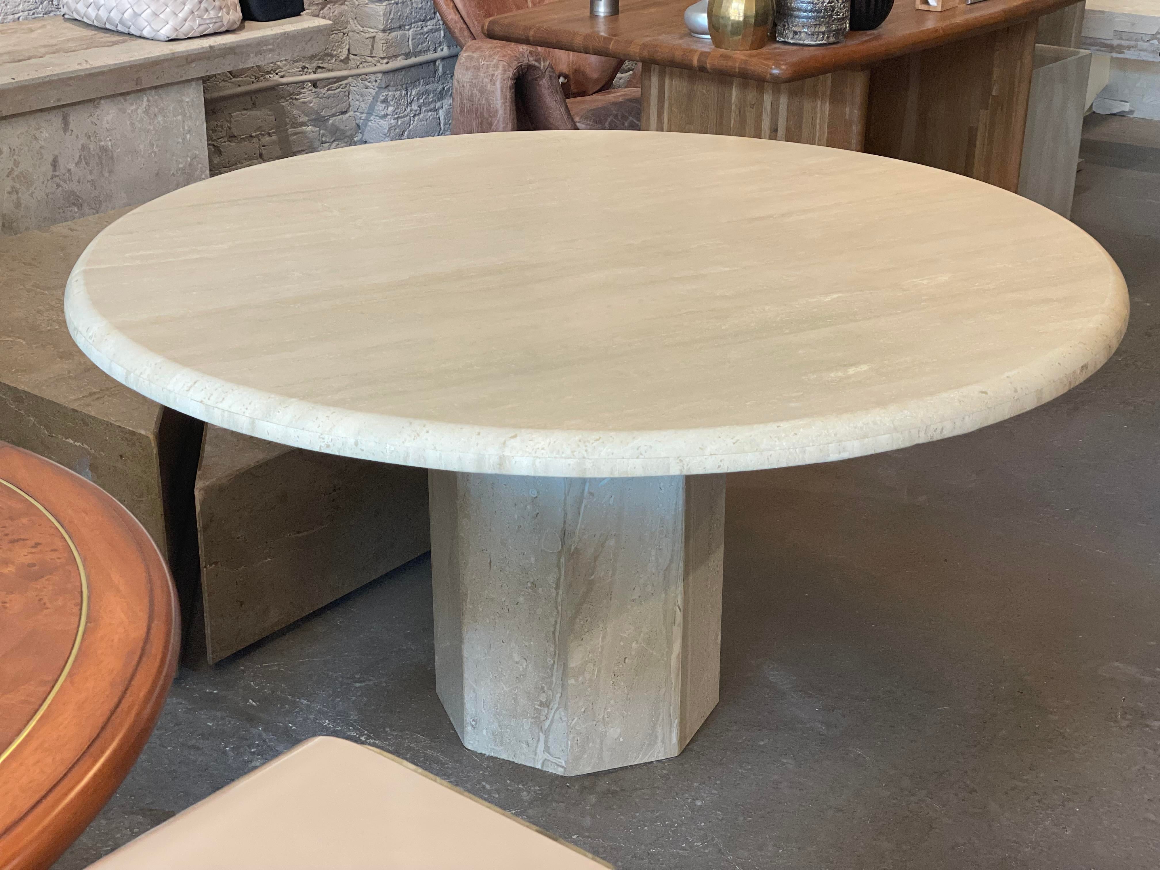 1970s Travertine Postmodern Vintage Honed Round Dining Table