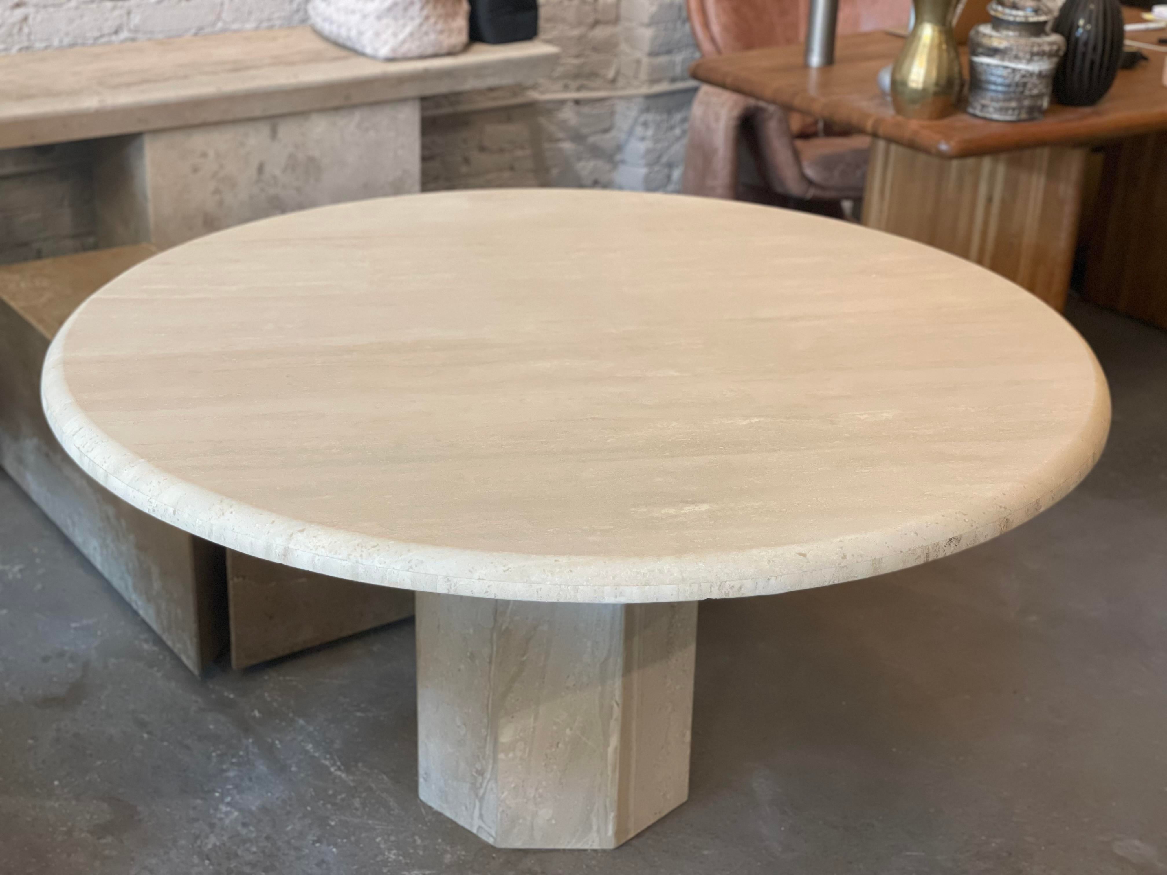 1970s Travertine Postmodern Vintage Honed Round Dining Table