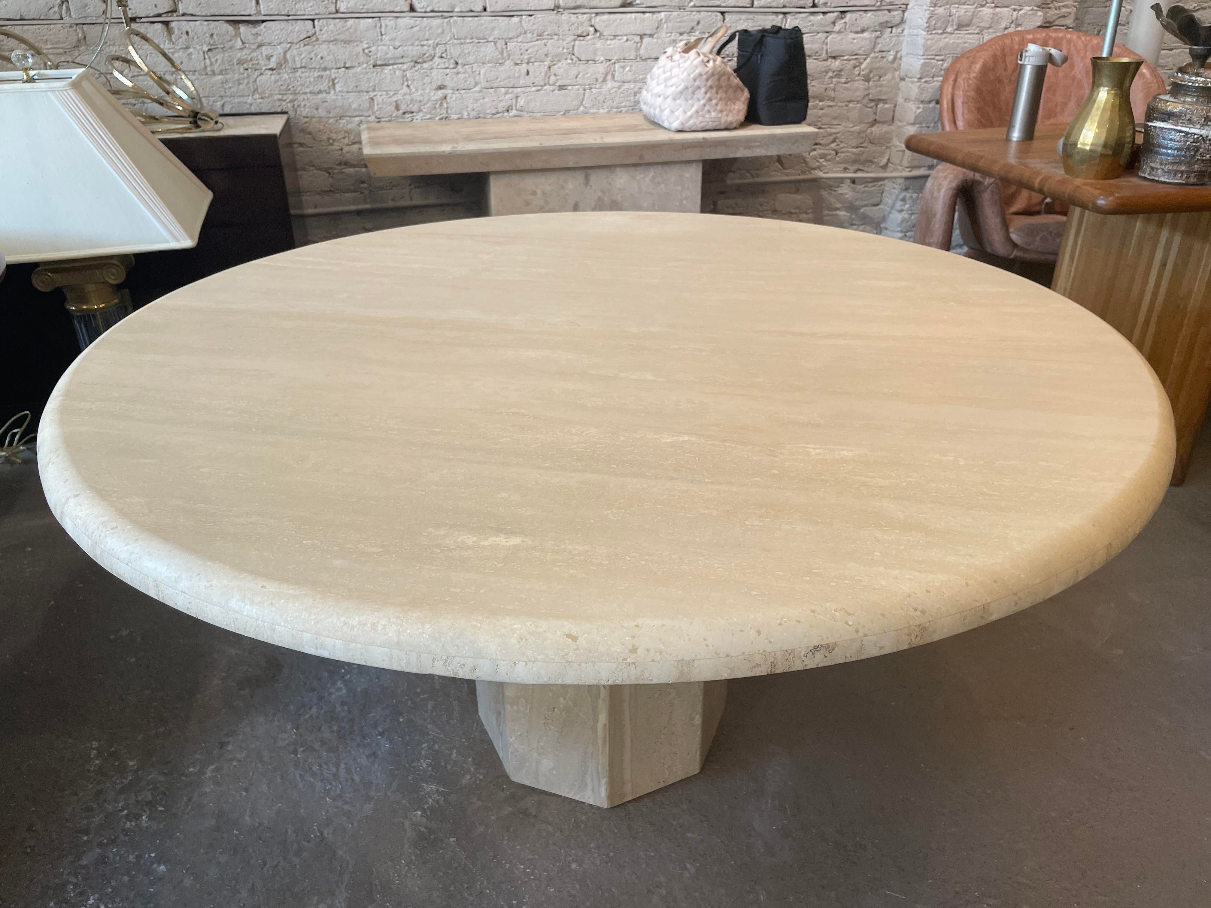 1970s Travertine Postmodern Vintage Honed Round Dining Table