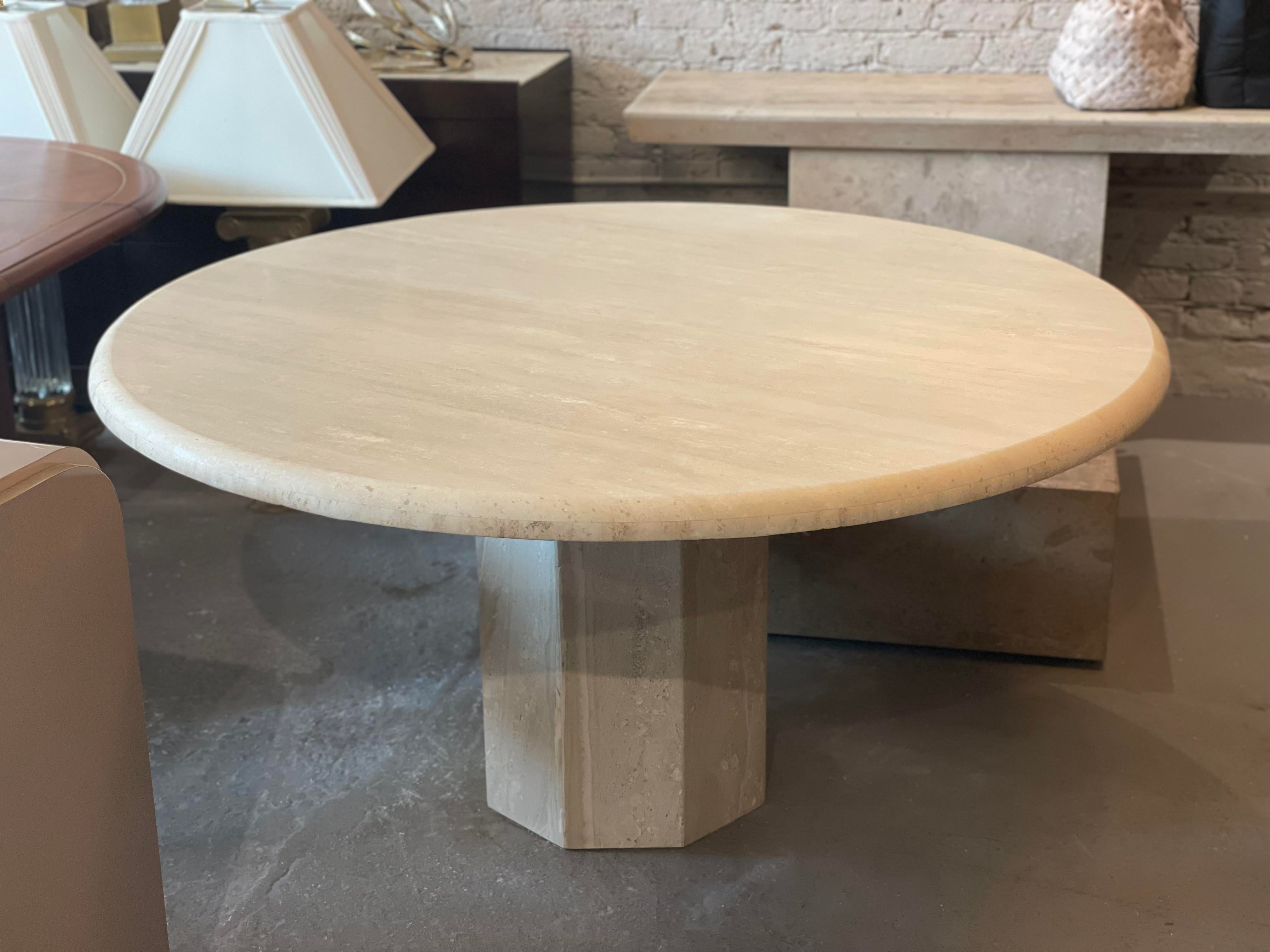 1970s Travertine Postmodern Vintage Honed Round Dining Table