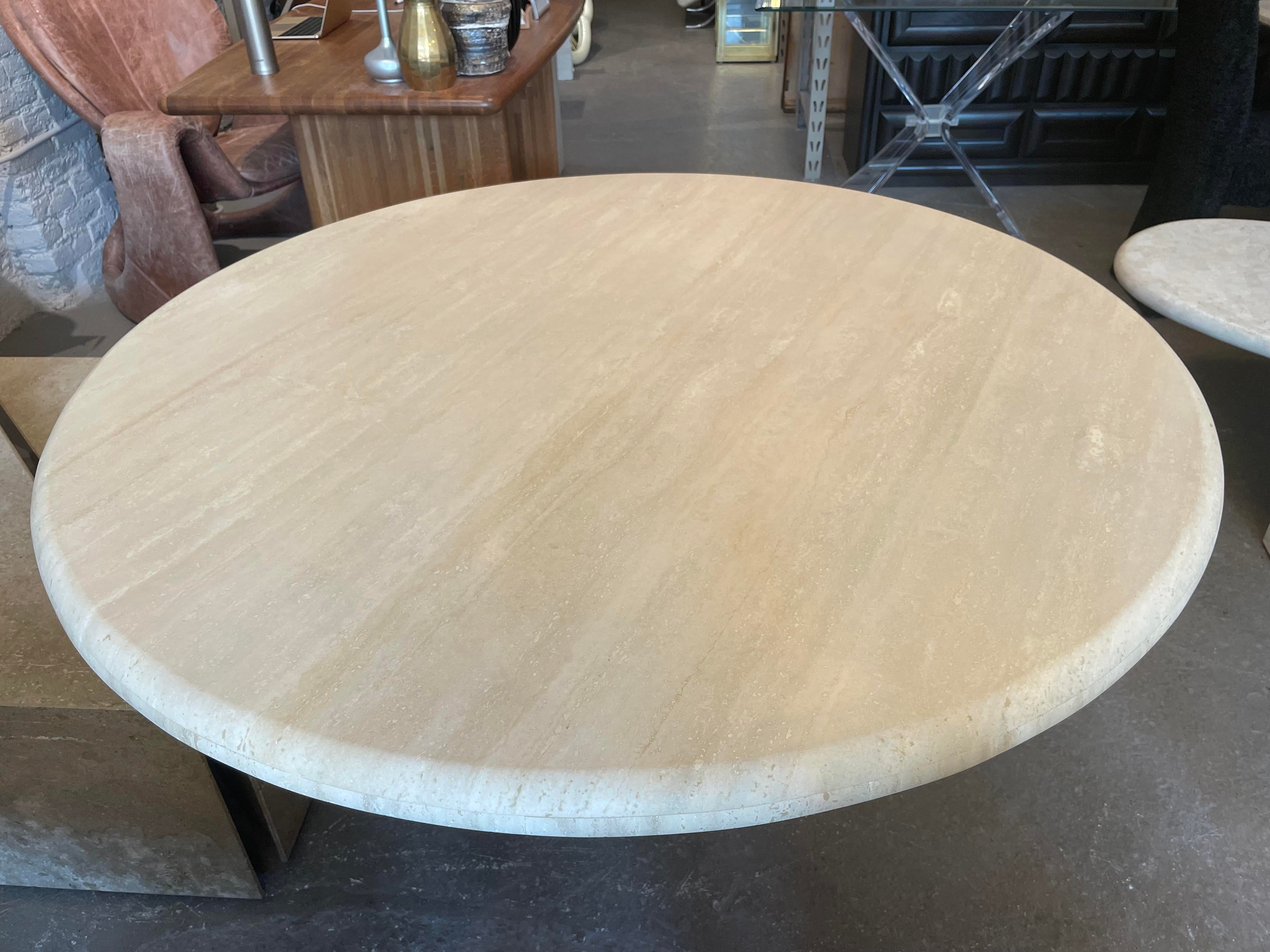 1970s Travertine Postmodern Vintage Honed Round Dining Table