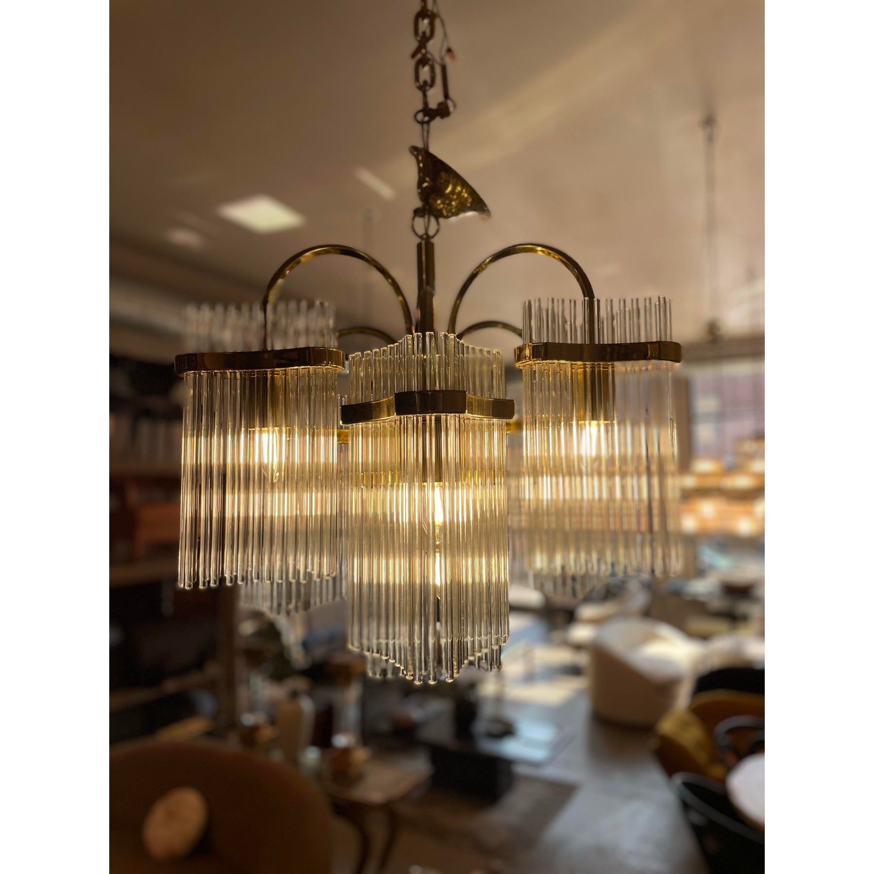 1970s Vintage Arched Italian Gaetano Sciolari Chandelier With Glass Rods and Brass