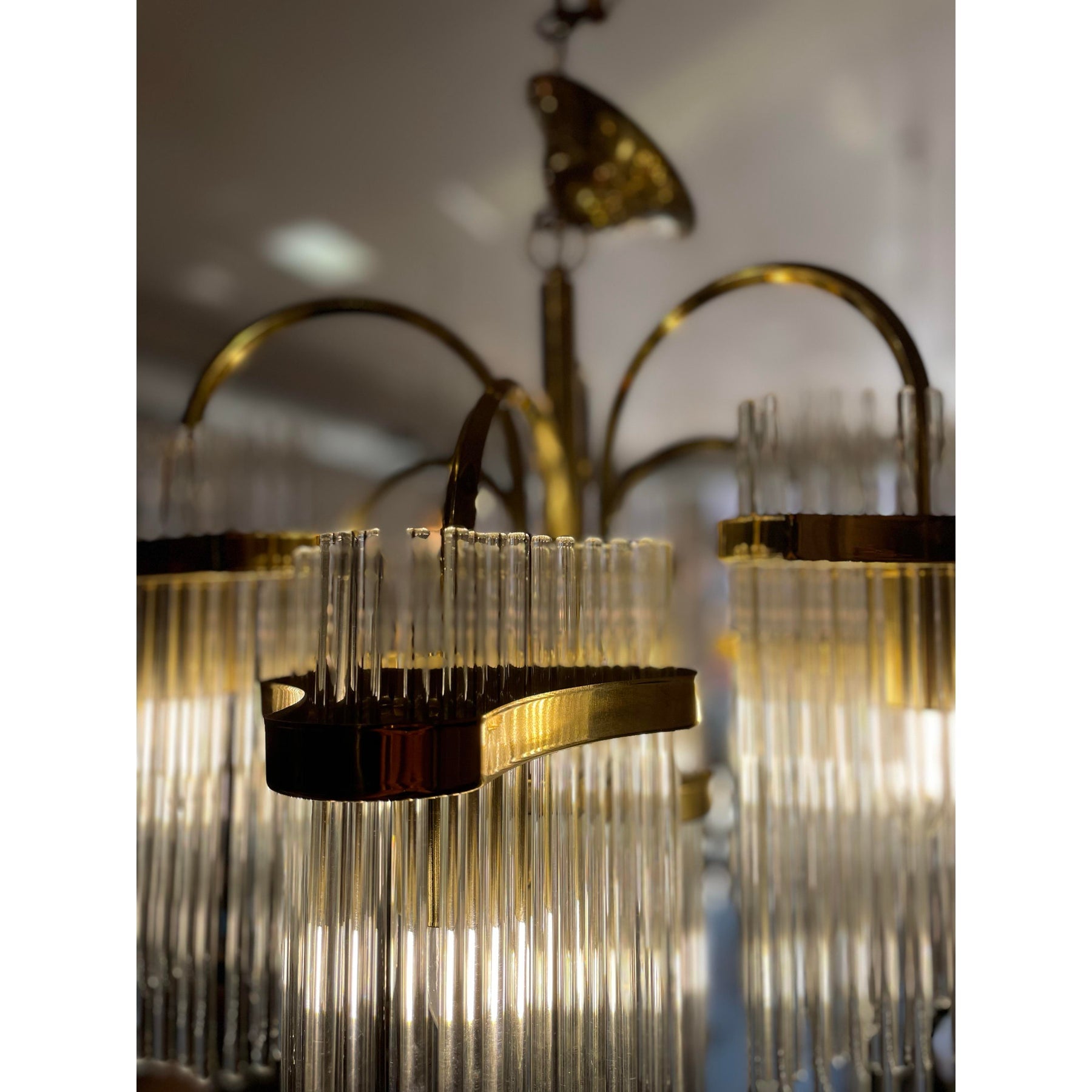 1970s Vintage Arched Italian Gaetano Sciolari Chandelier With Glass Rods and Brass