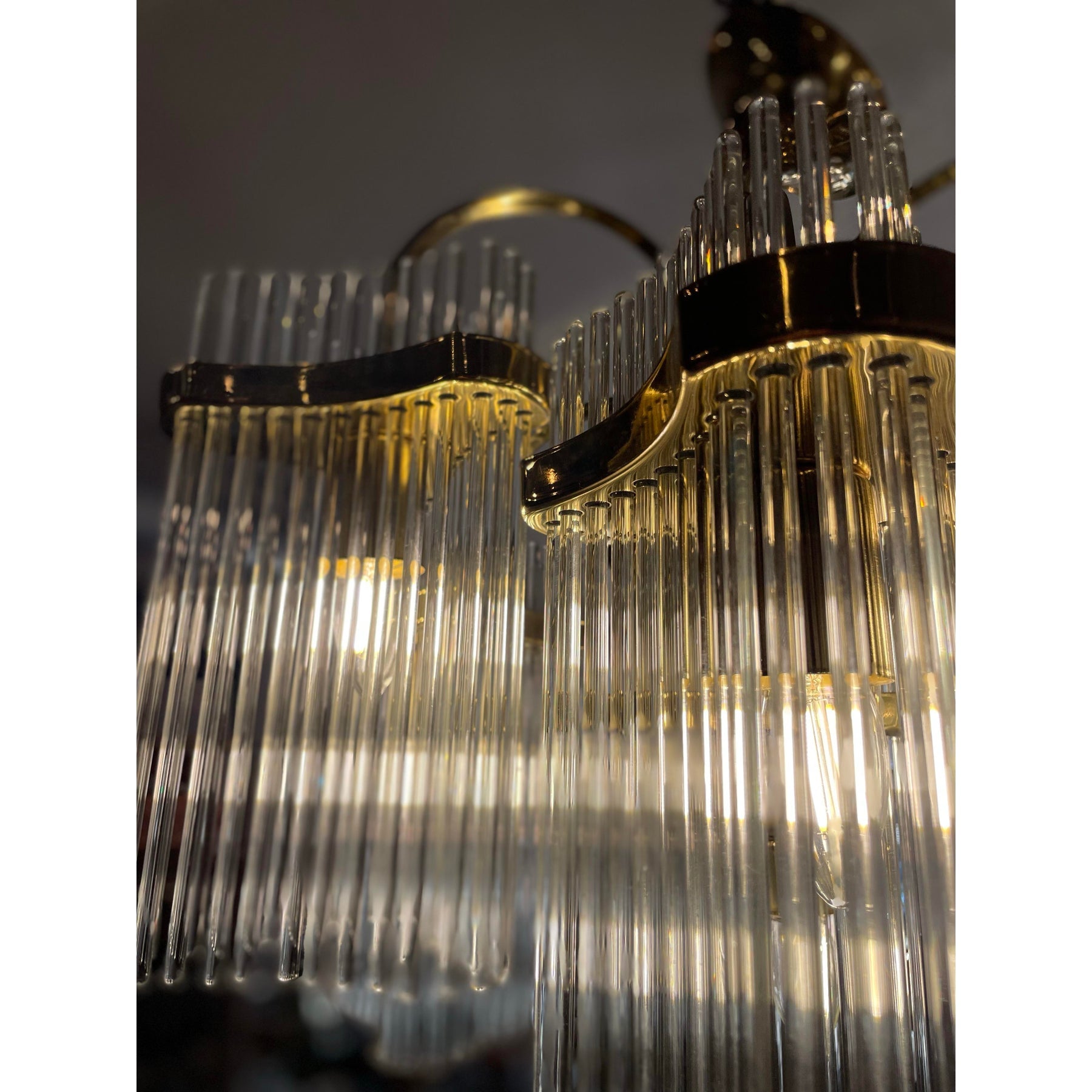 1970s Vintage Arched Italian Gaetano Sciolari Chandelier With Glass Rods and Brass