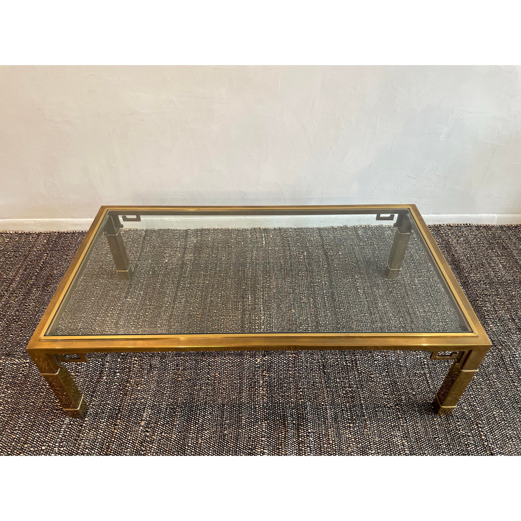 1970s Vintage in the Manner of Mastercraft Greek Key Brass and Glass Coffee Table