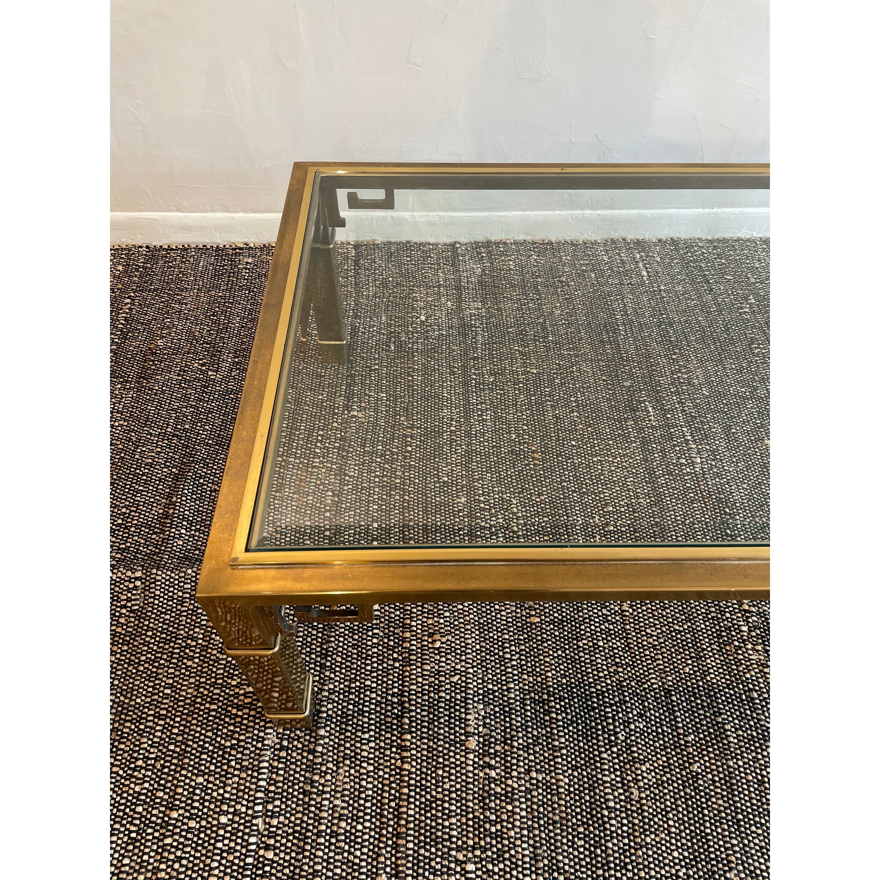 1970s Vintage in the Manner of Mastercraft Greek Key Brass and Glass Coffee Table