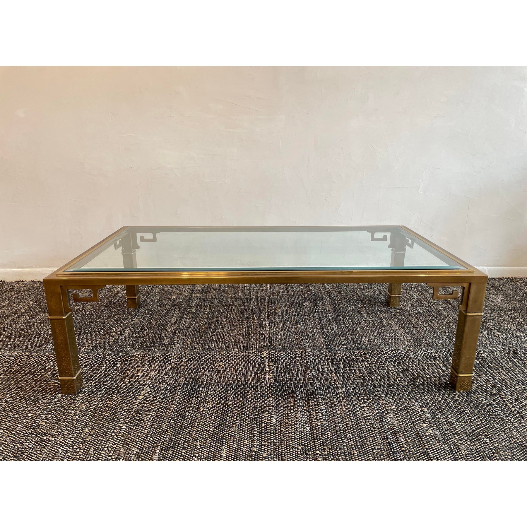 1970s Vintage in the Manner of Mastercraft Greek Key Brass and Glass Coffee Table