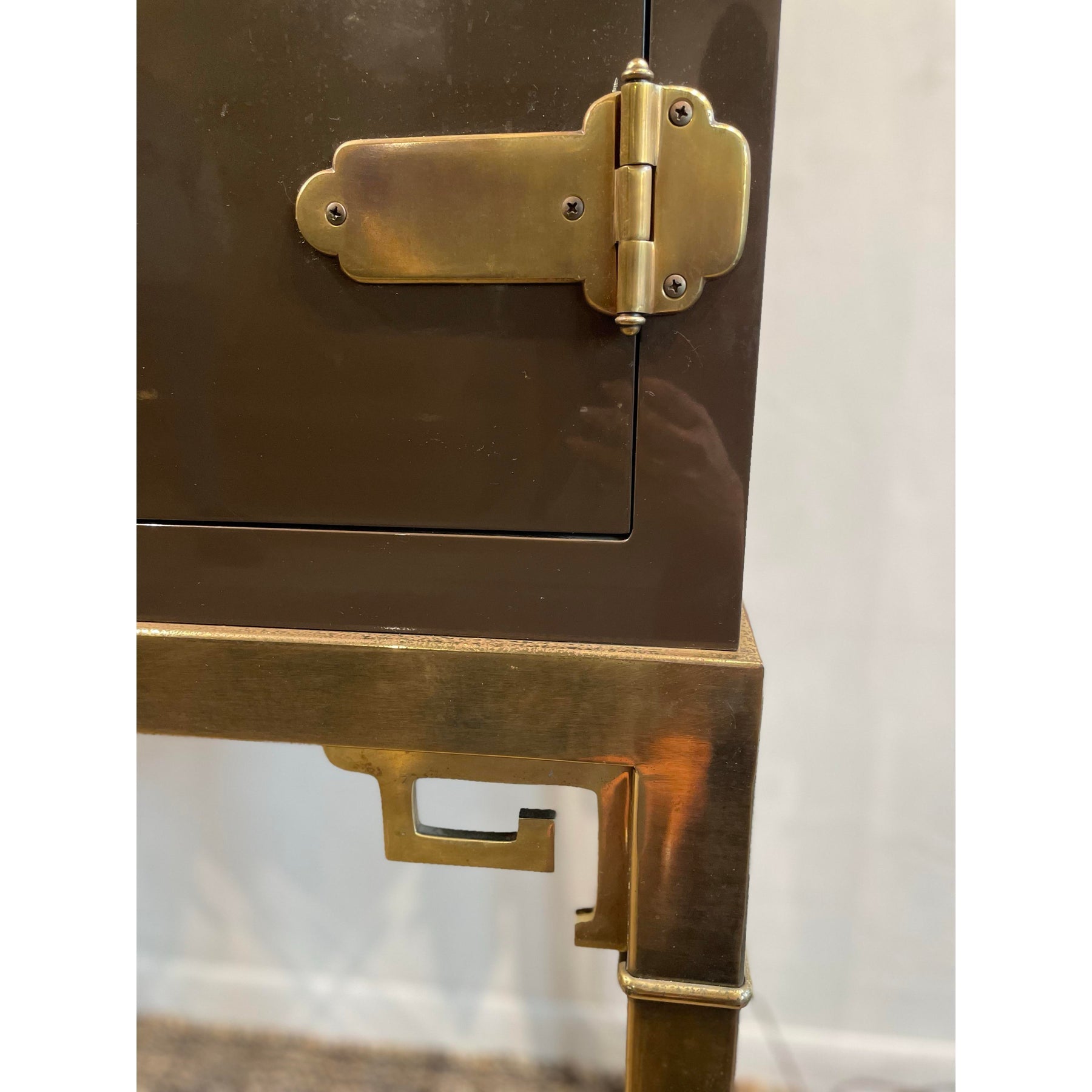 1970s Vintage Lacquer and Brass Bar Cabinet in the Manner of Mastercraft