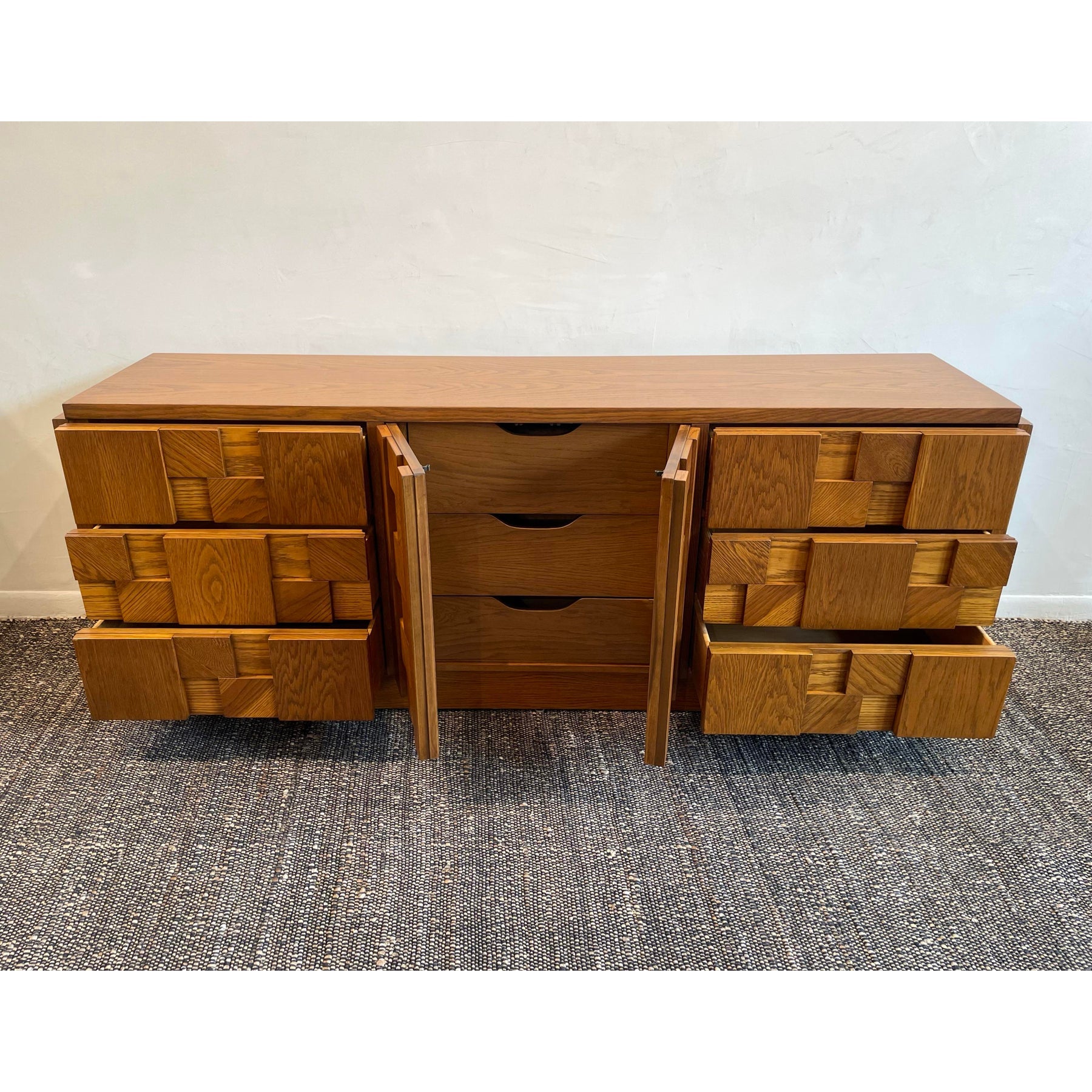 1970s Vintage Lane Brutalist Wood Dresser Credenza