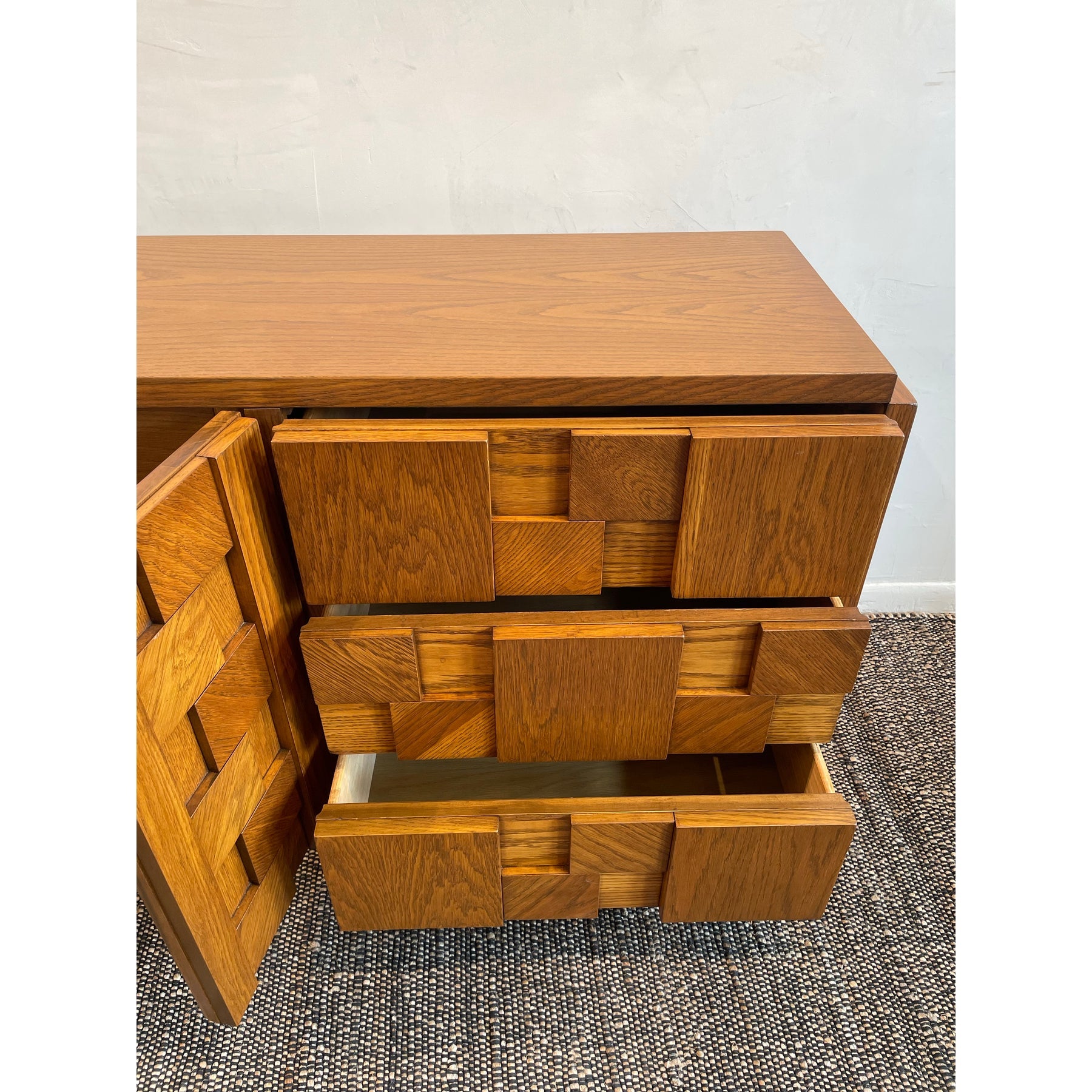 1970s Vintage Lane Brutalist Wood Dresser Credenza