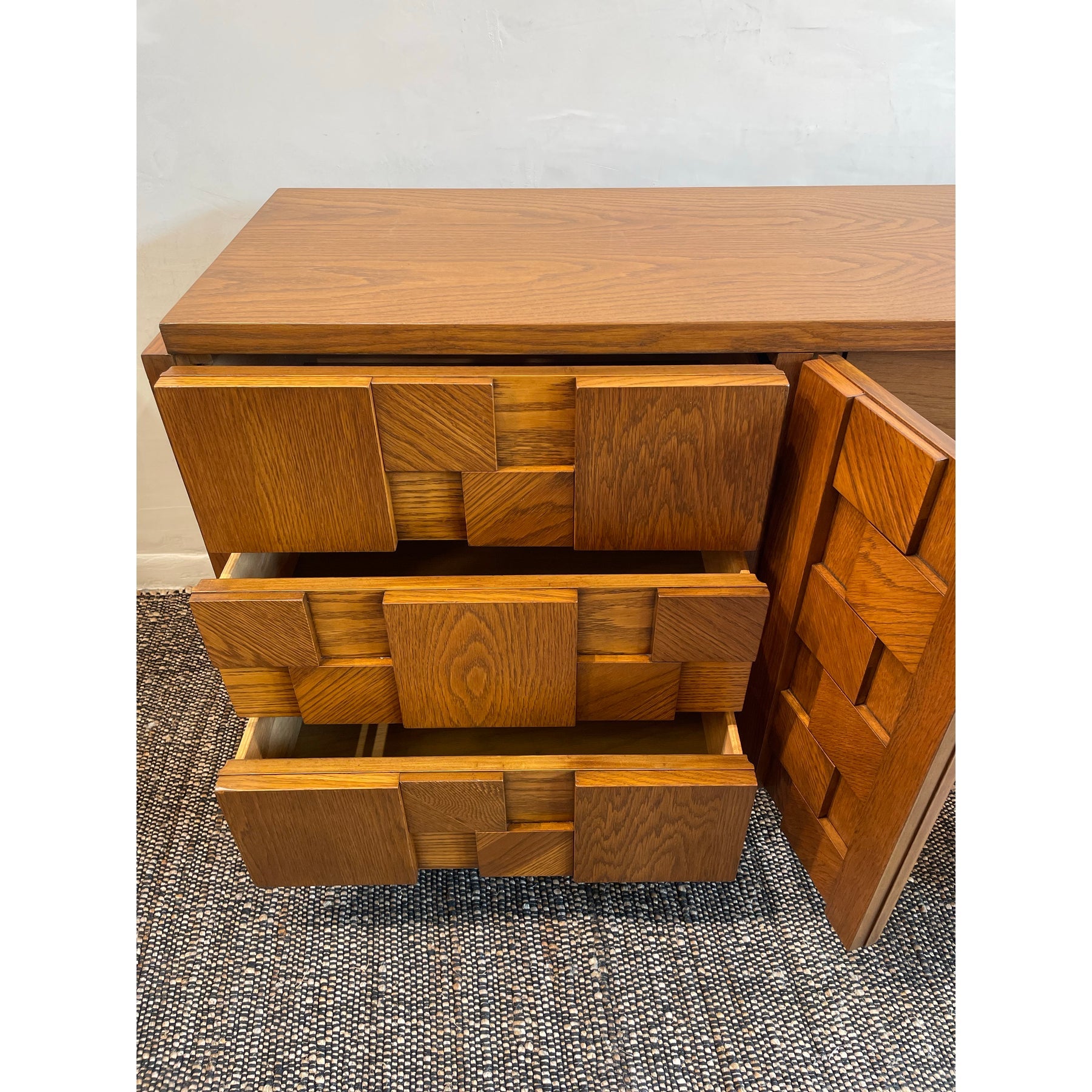 1970s Vintage Lane Brutalist Wood Dresser Credenza