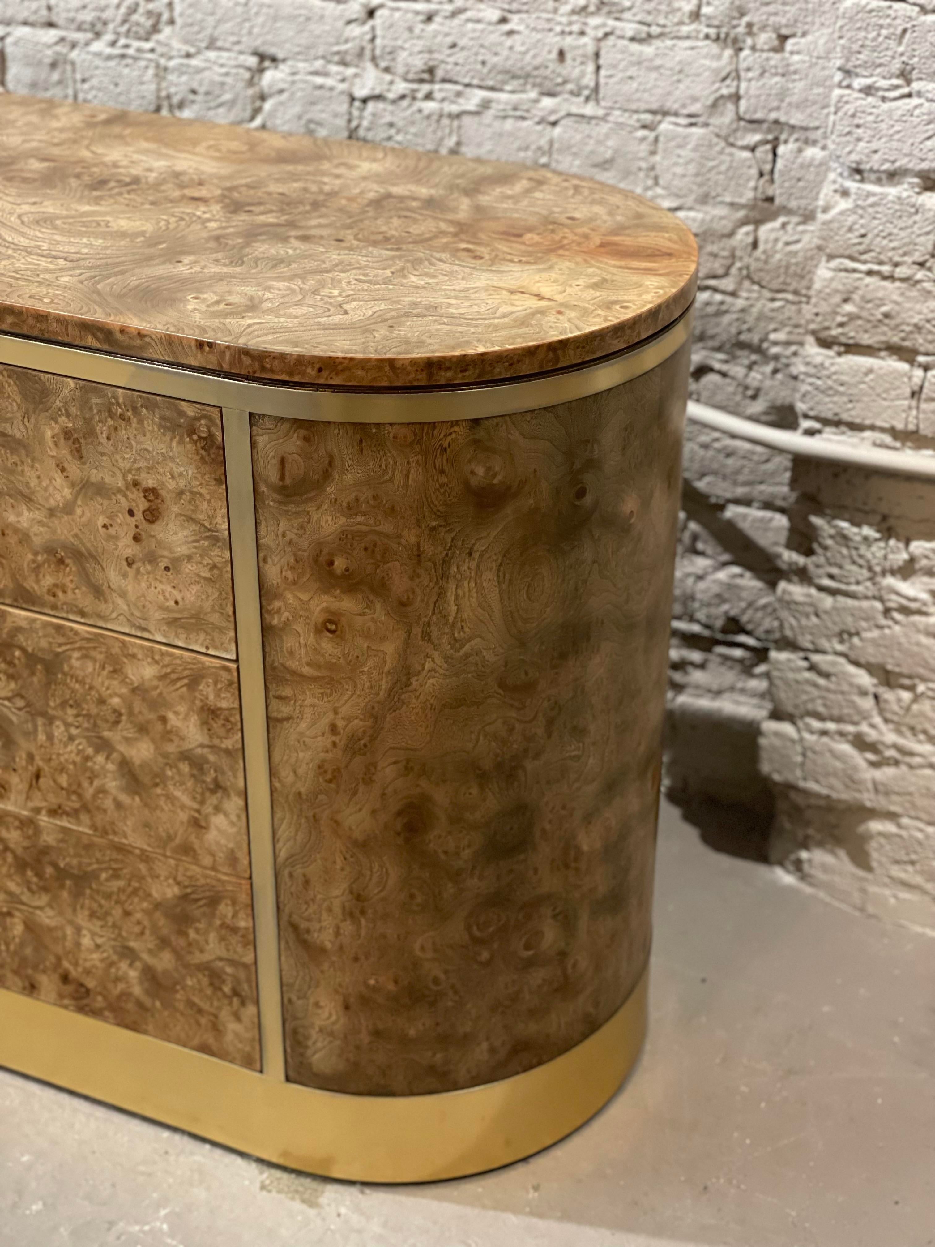 1970s Vintage Mastercraft Burled Wood With Brass Pulls Credenza Dresser