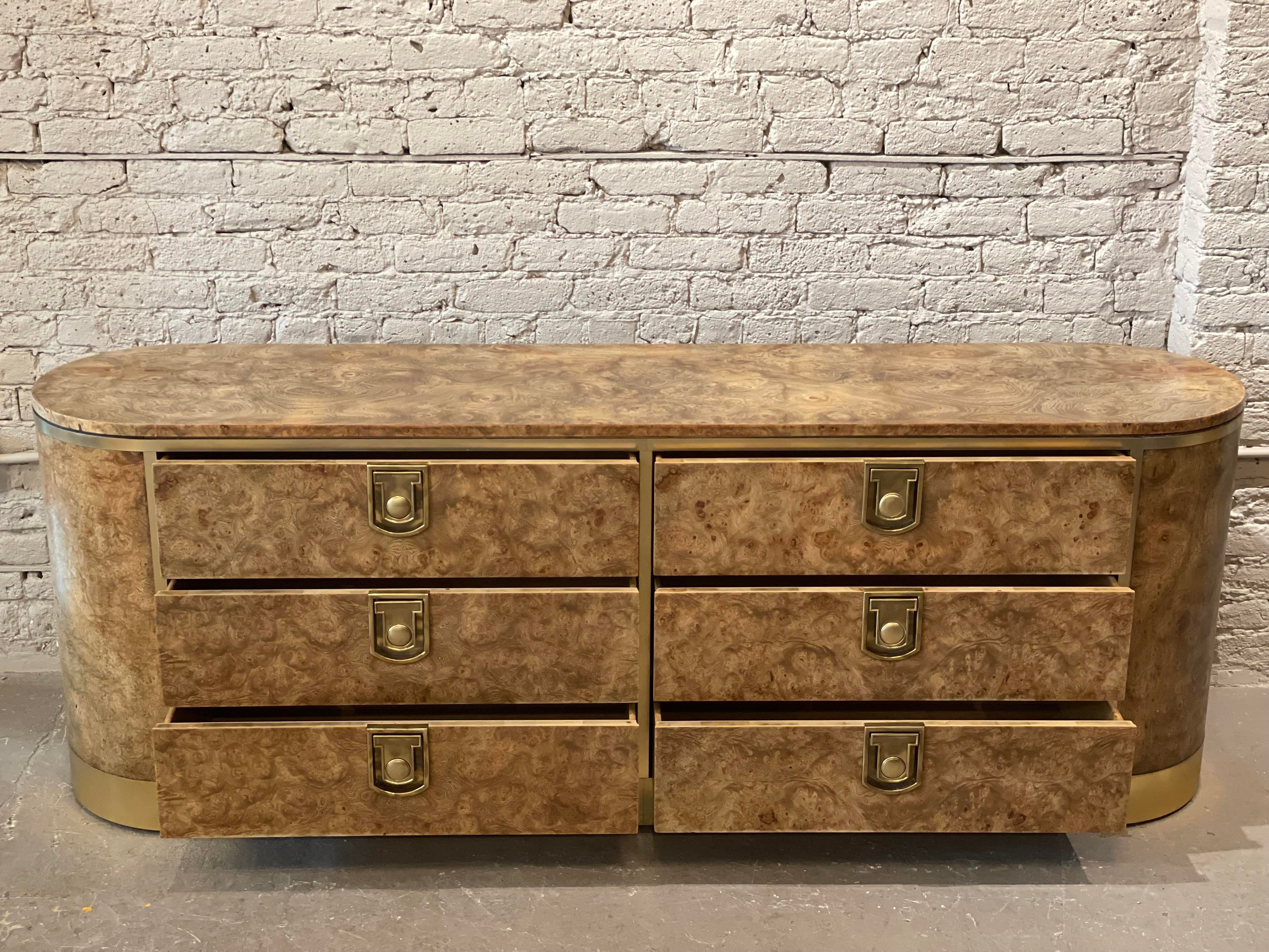 1970s Vintage Mastercraft Burled Wood With Brass Pulls Credenza Dresser