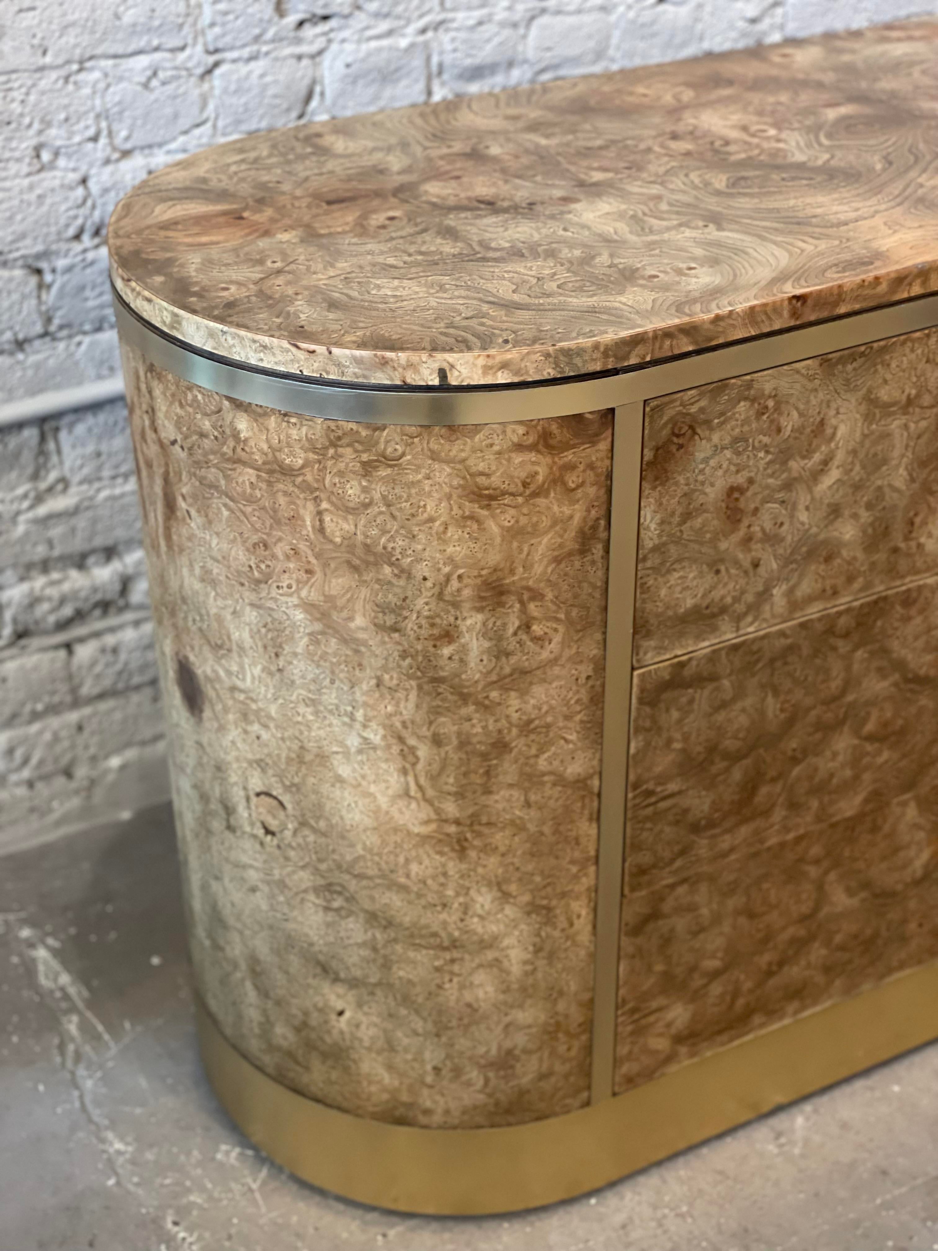 1970s Vintage Mastercraft Burled Wood With Brass Pulls Credenza Dresser