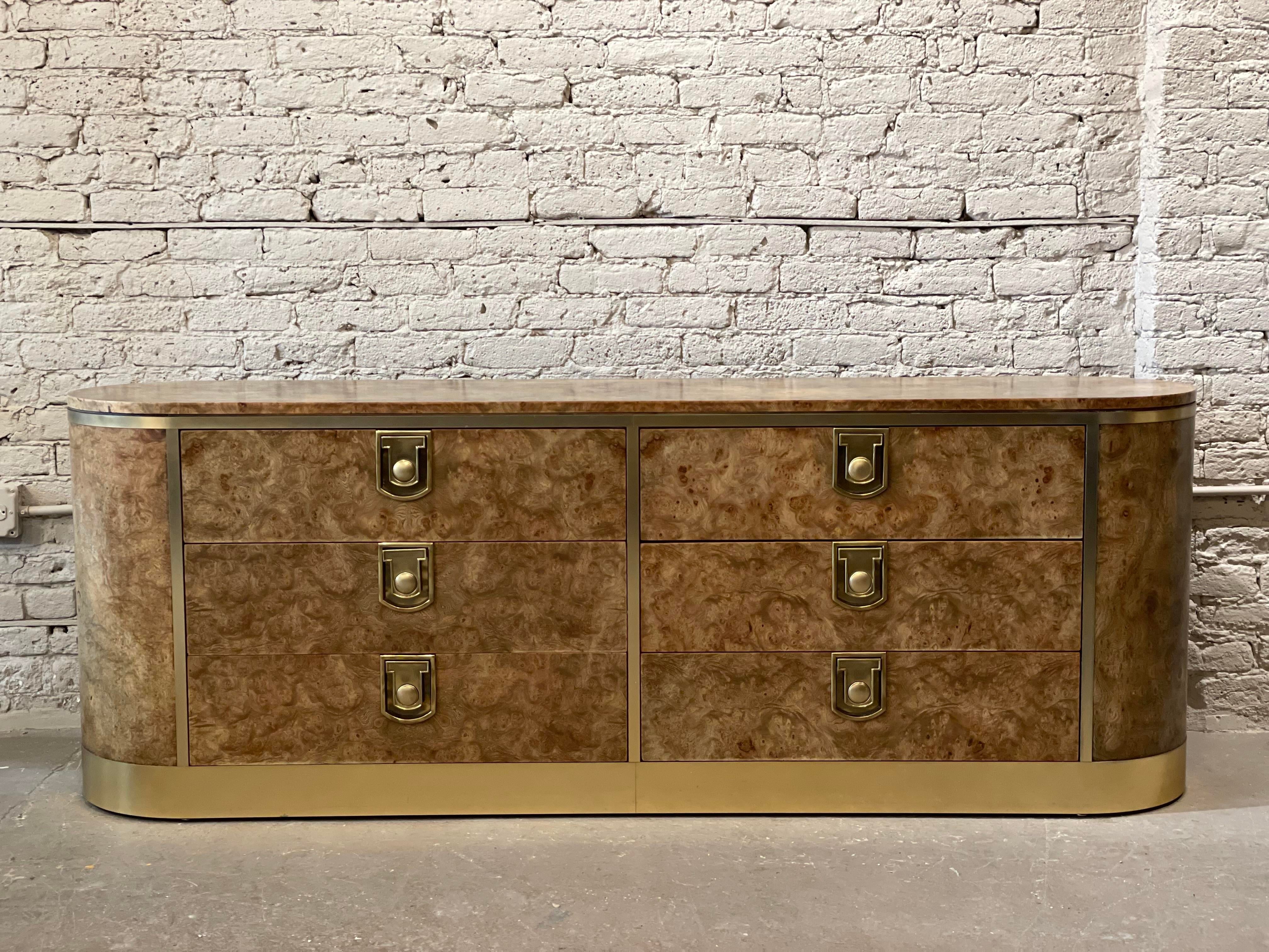 1970s Vintage Mastercraft Burled Wood With Brass Pulls Credenza Dresser
