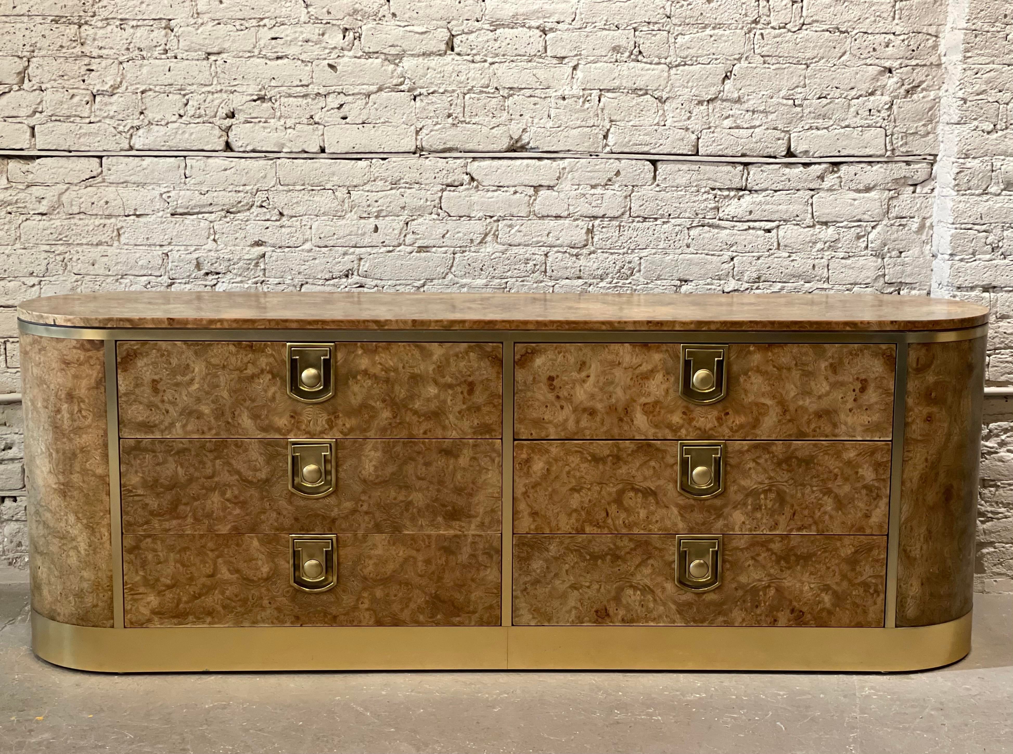 1970s Vintage Mastercraft Burled Wood With Brass Pulls Credenza Dresser