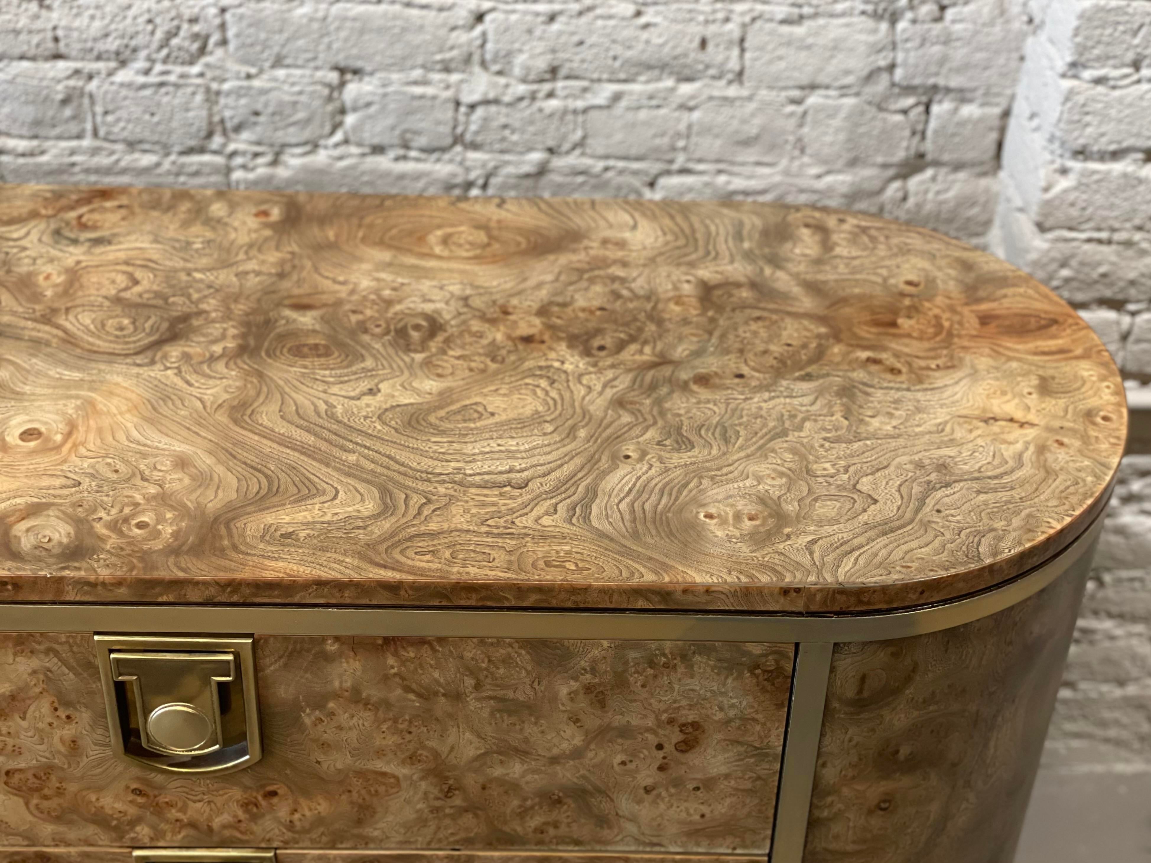 1970s Vintage Mastercraft Burled Wood With Brass Pulls Credenza Dresser