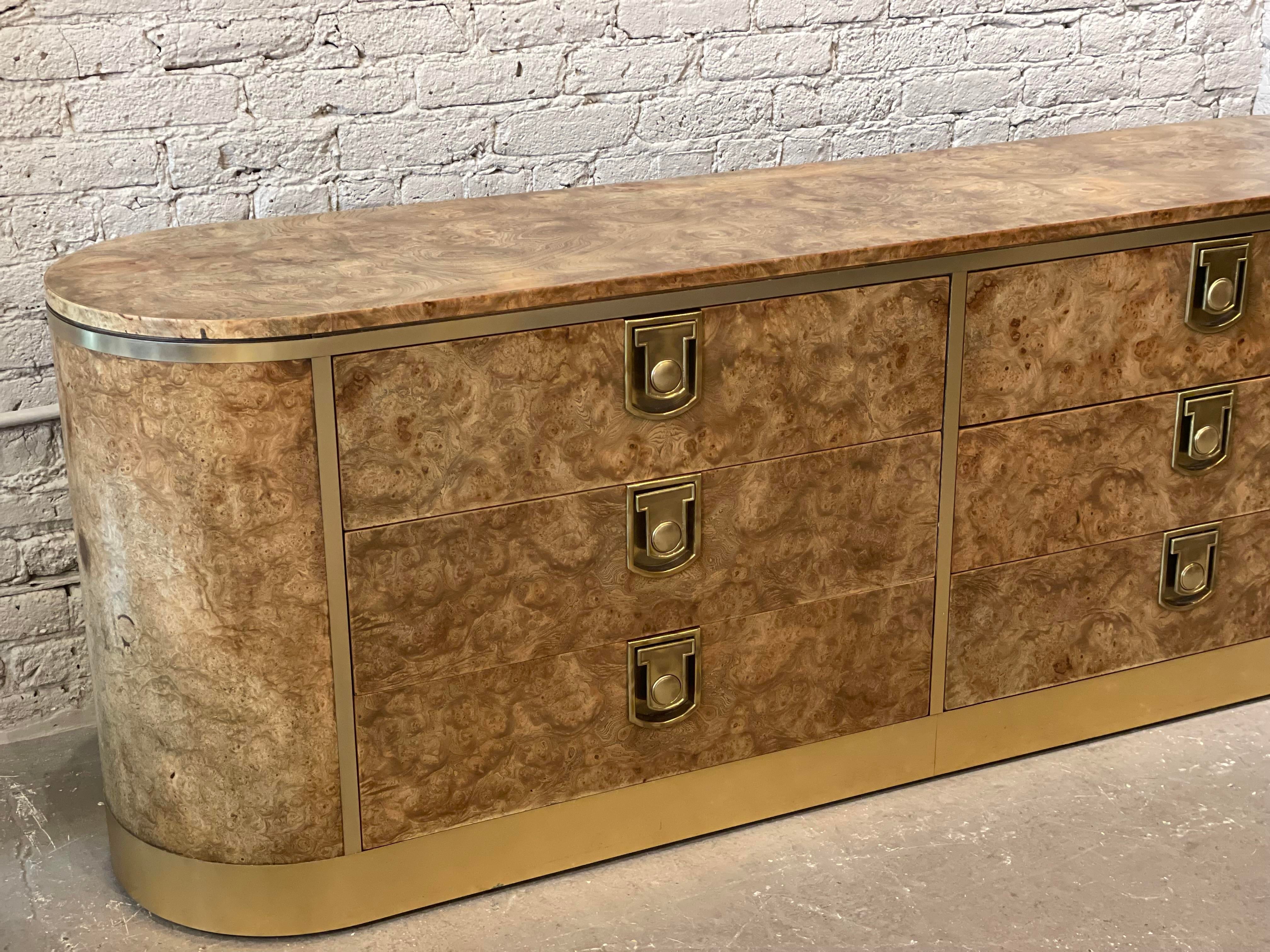 1970s Vintage Mastercraft Burled Wood With Brass Pulls Credenza Dresser