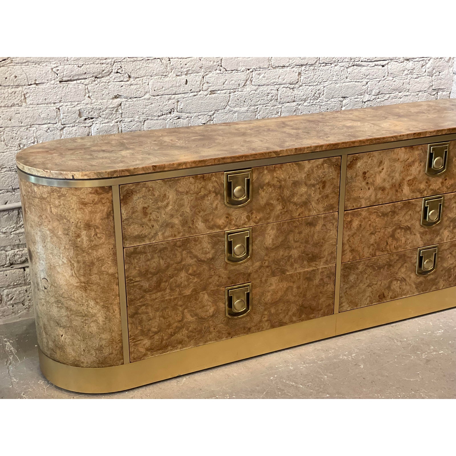 1970s Vintage Mastercraft Burled Wood With Brass Pulls Credenza Dresser