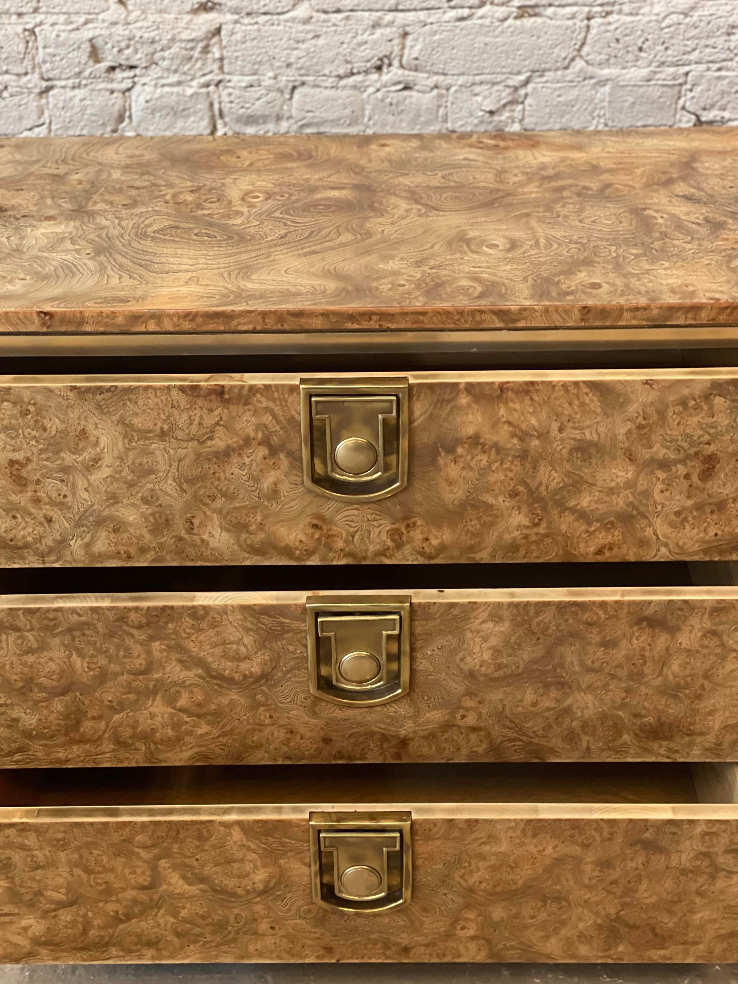 1970s Vintage Mastercraft Burled Wood With Brass Pulls Credenza Dresser