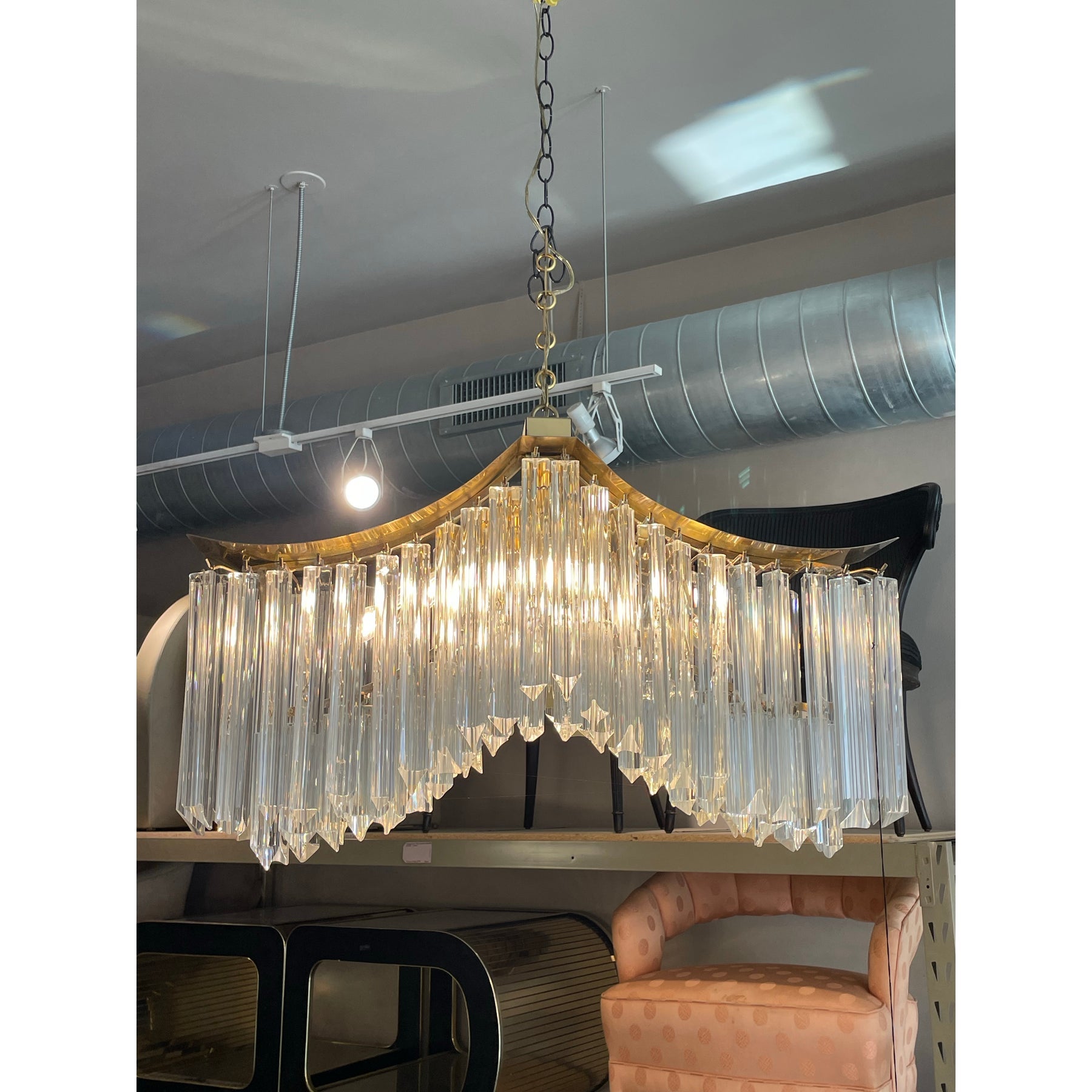 1970s Vintage Pagoda Glass and Brass Chandelier