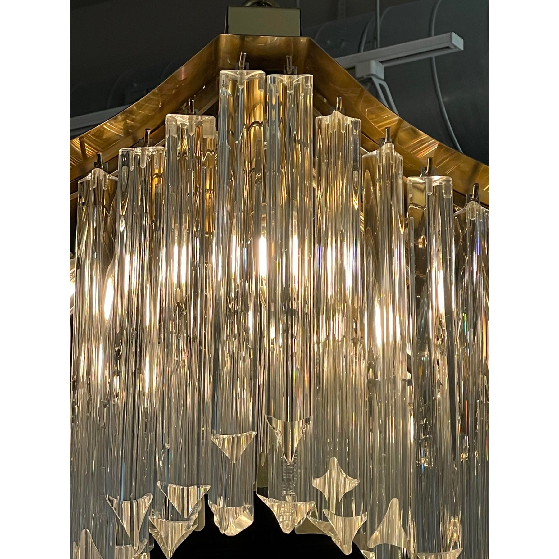 1970s Vintage Pagoda Glass and Brass Chandelier