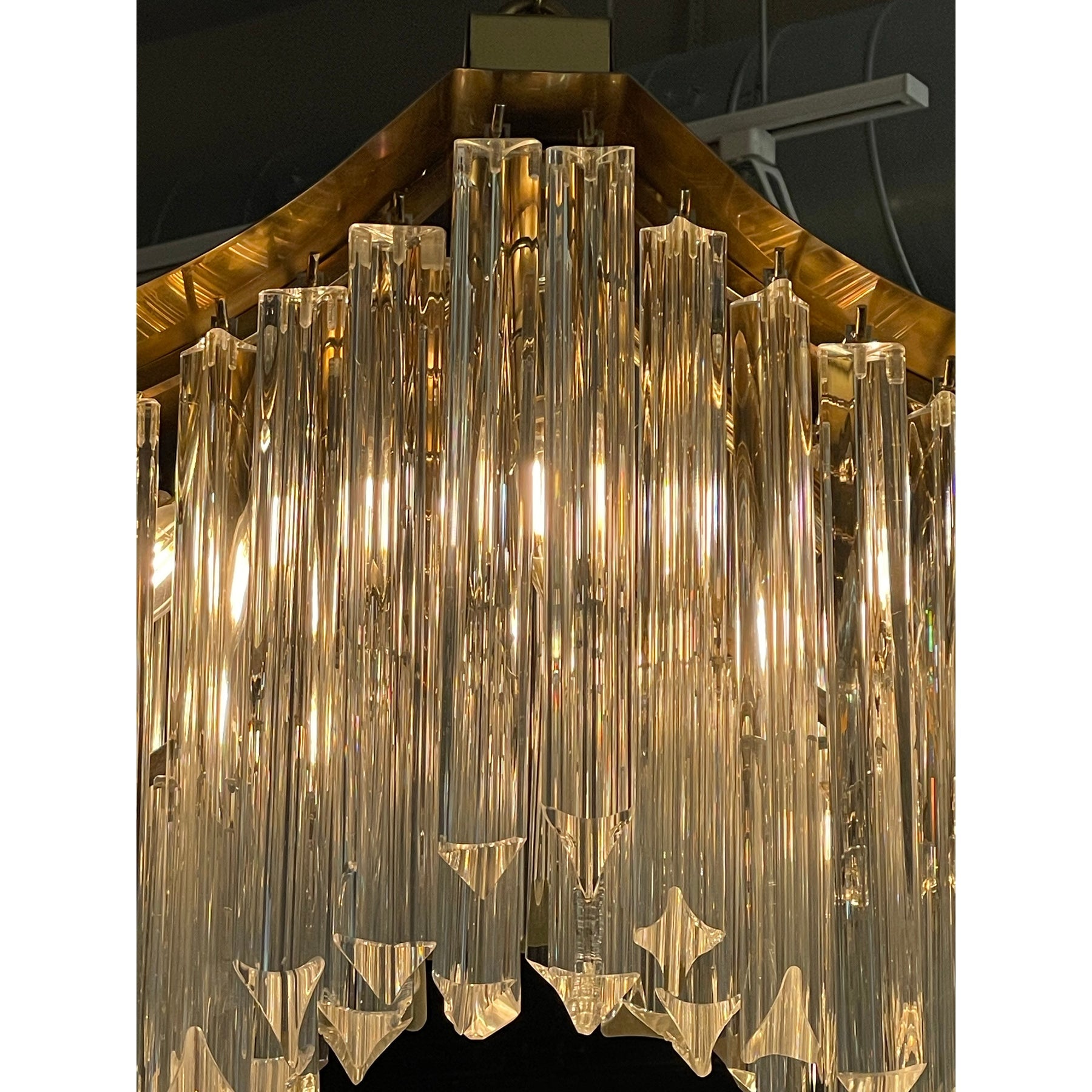 1970s Vintage Pagoda Glass and Brass Chandelier