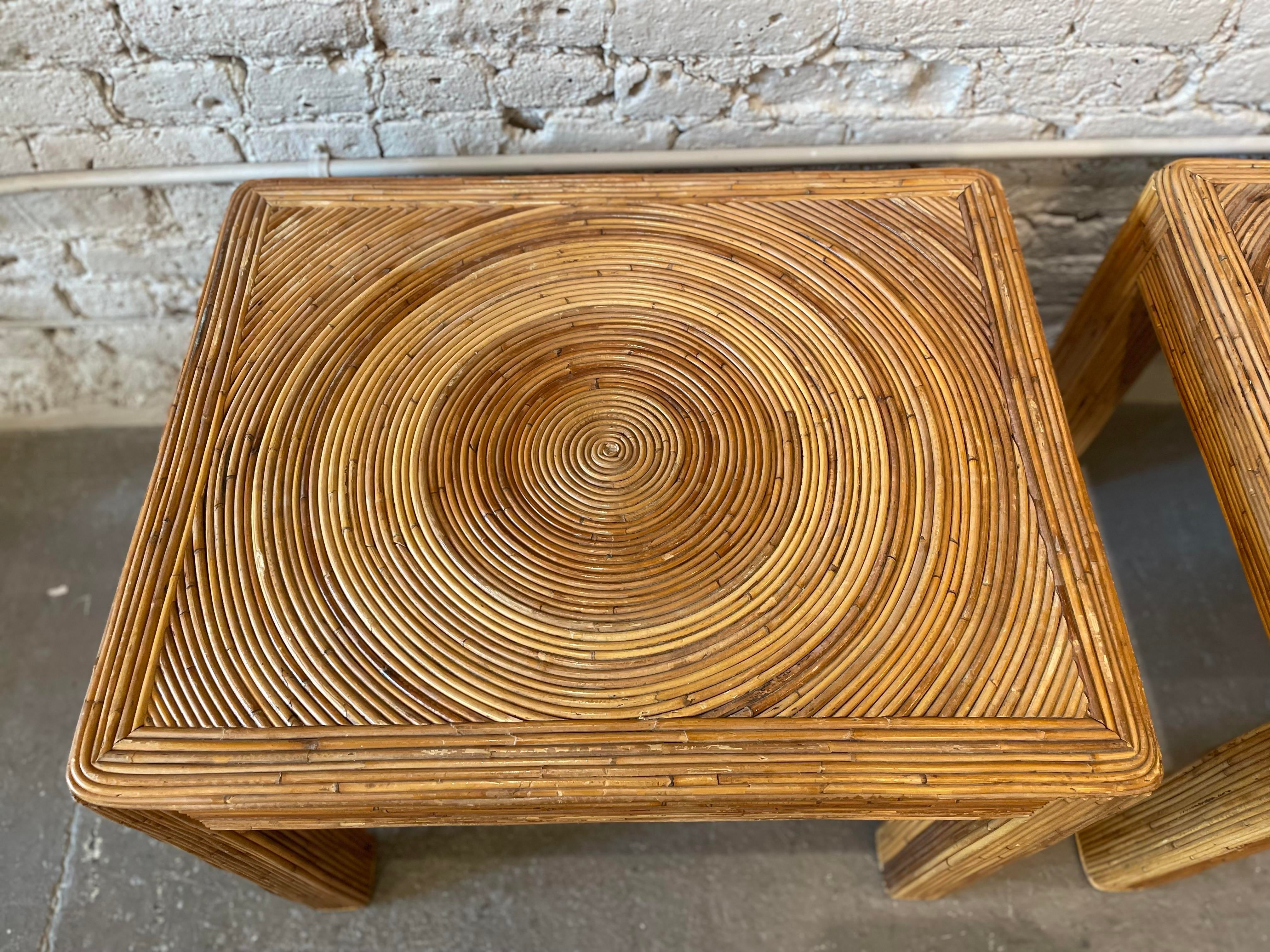 1970s Vintage Pencil Reed Rattan Bamboo Side Tables