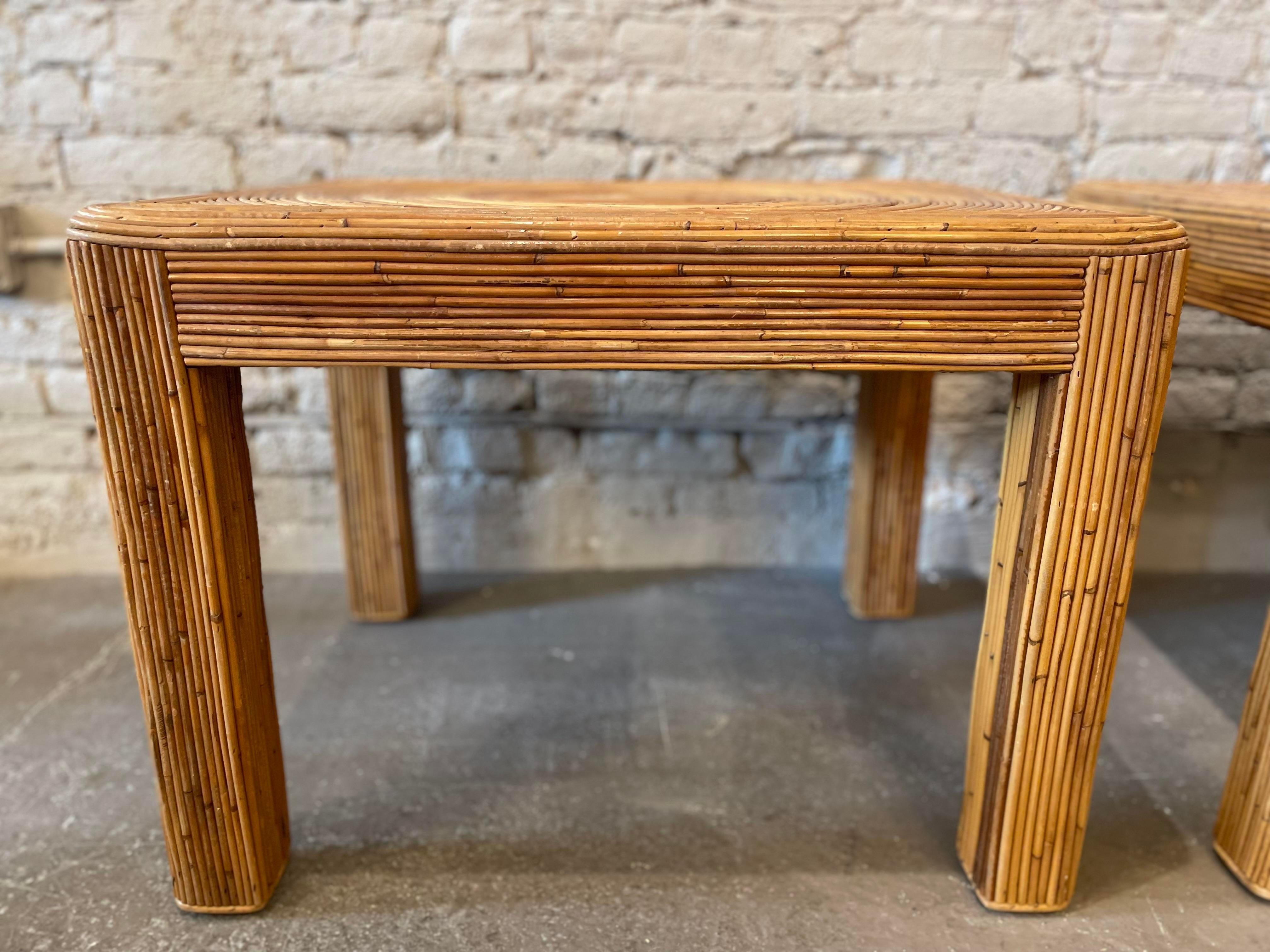 1970s Vintage Pencil Reed Rattan Bamboo Side Tables