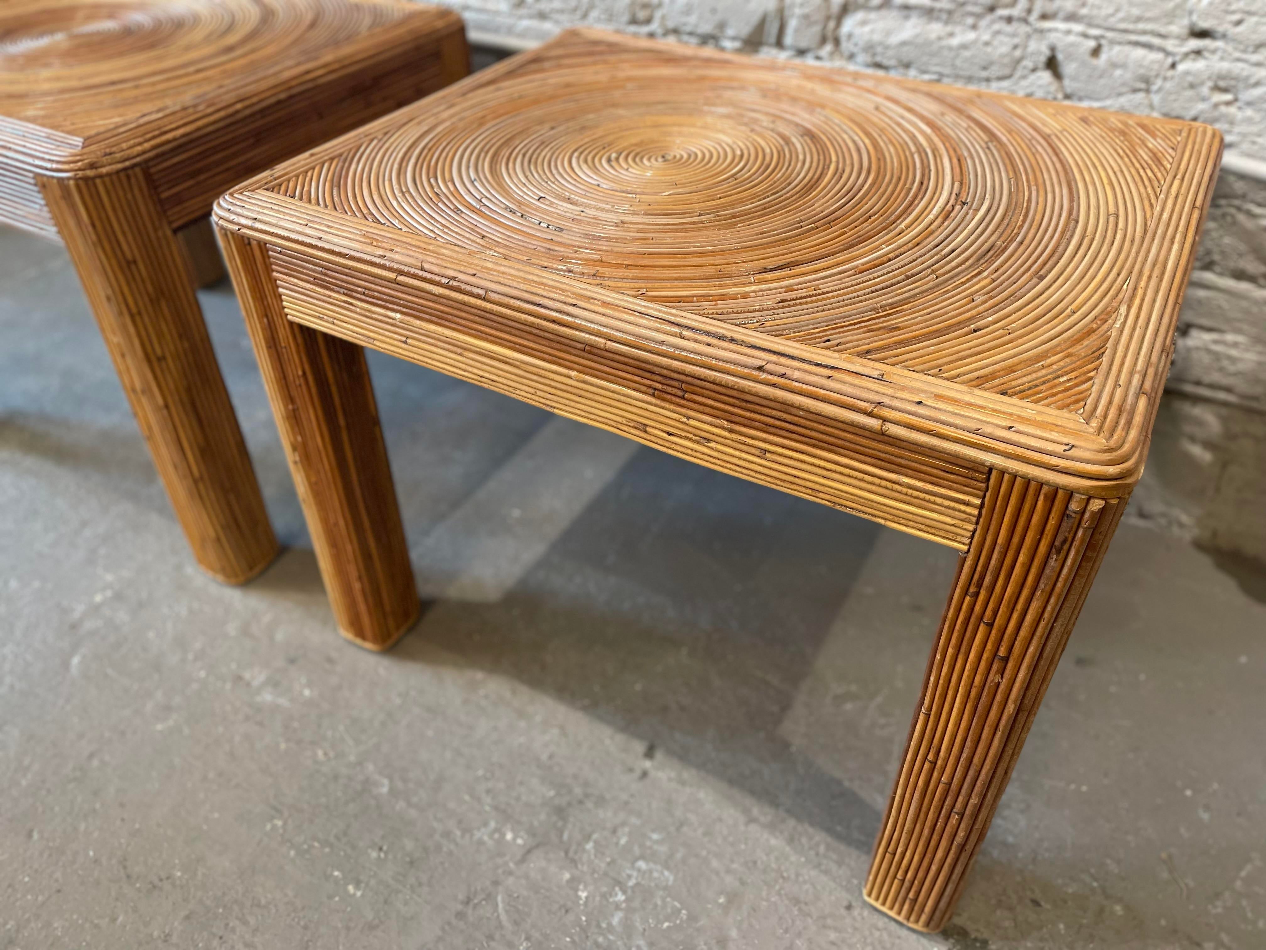 1970s Vintage Pencil Reed Rattan Bamboo Side Tables