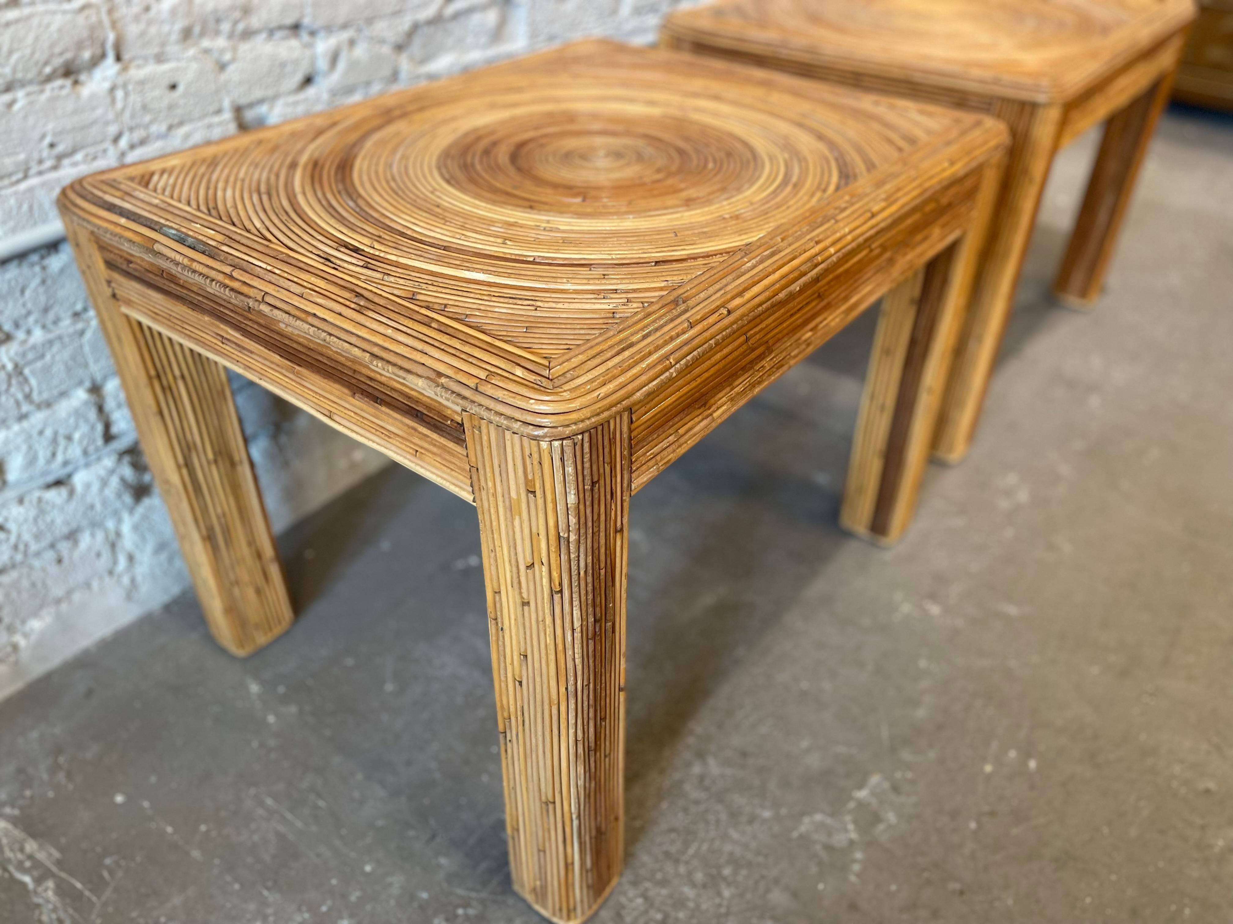 1970s Vintage Pencil Reed Rattan Bamboo Side Tables