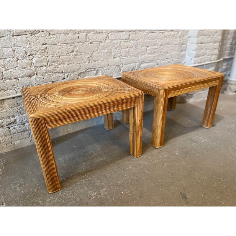 1970s Vintage Pencil Reed Rattan Bamboo Side Tables