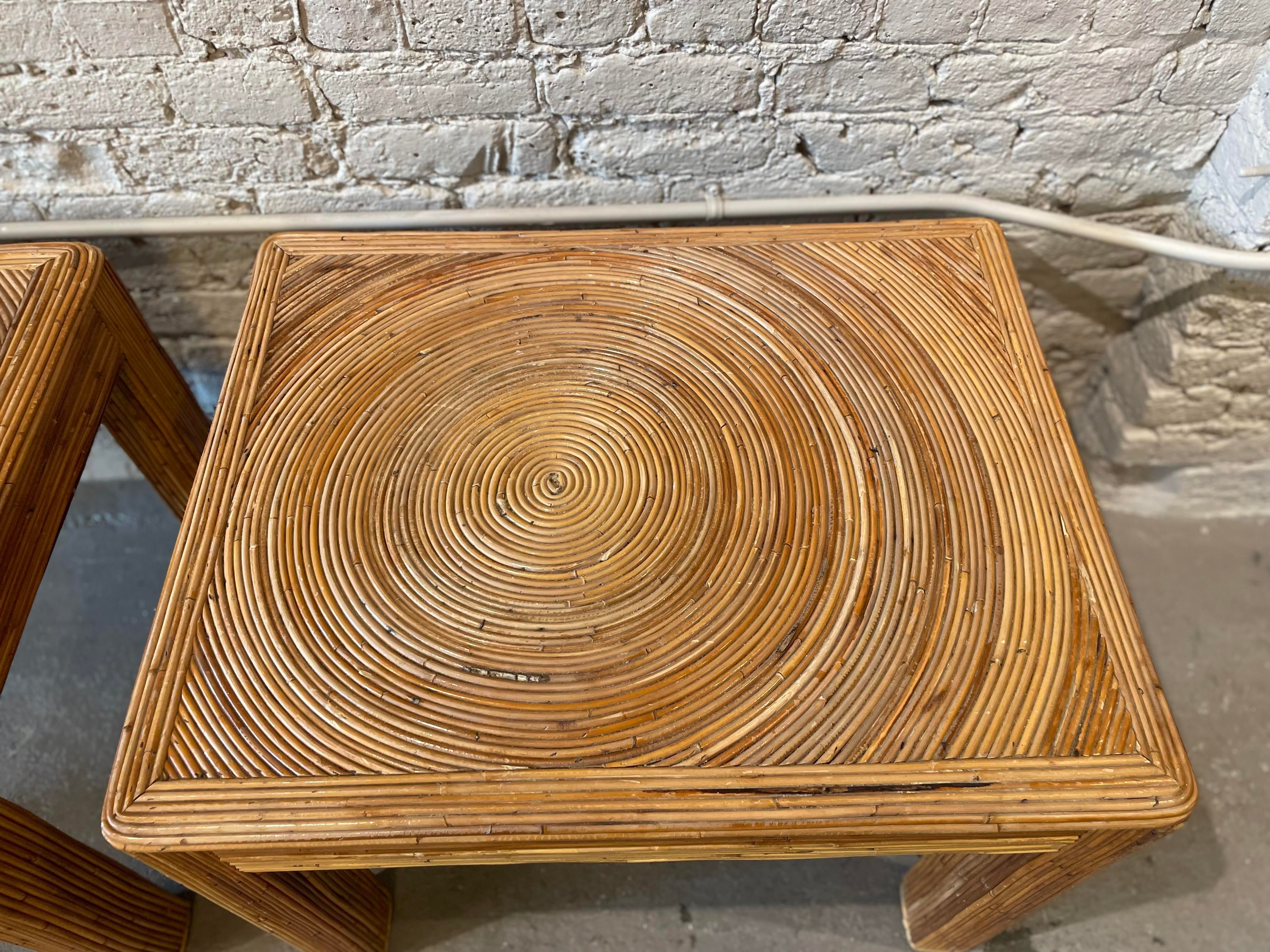 1970s Vintage Pencil Reed Rattan Bamboo Side Tables