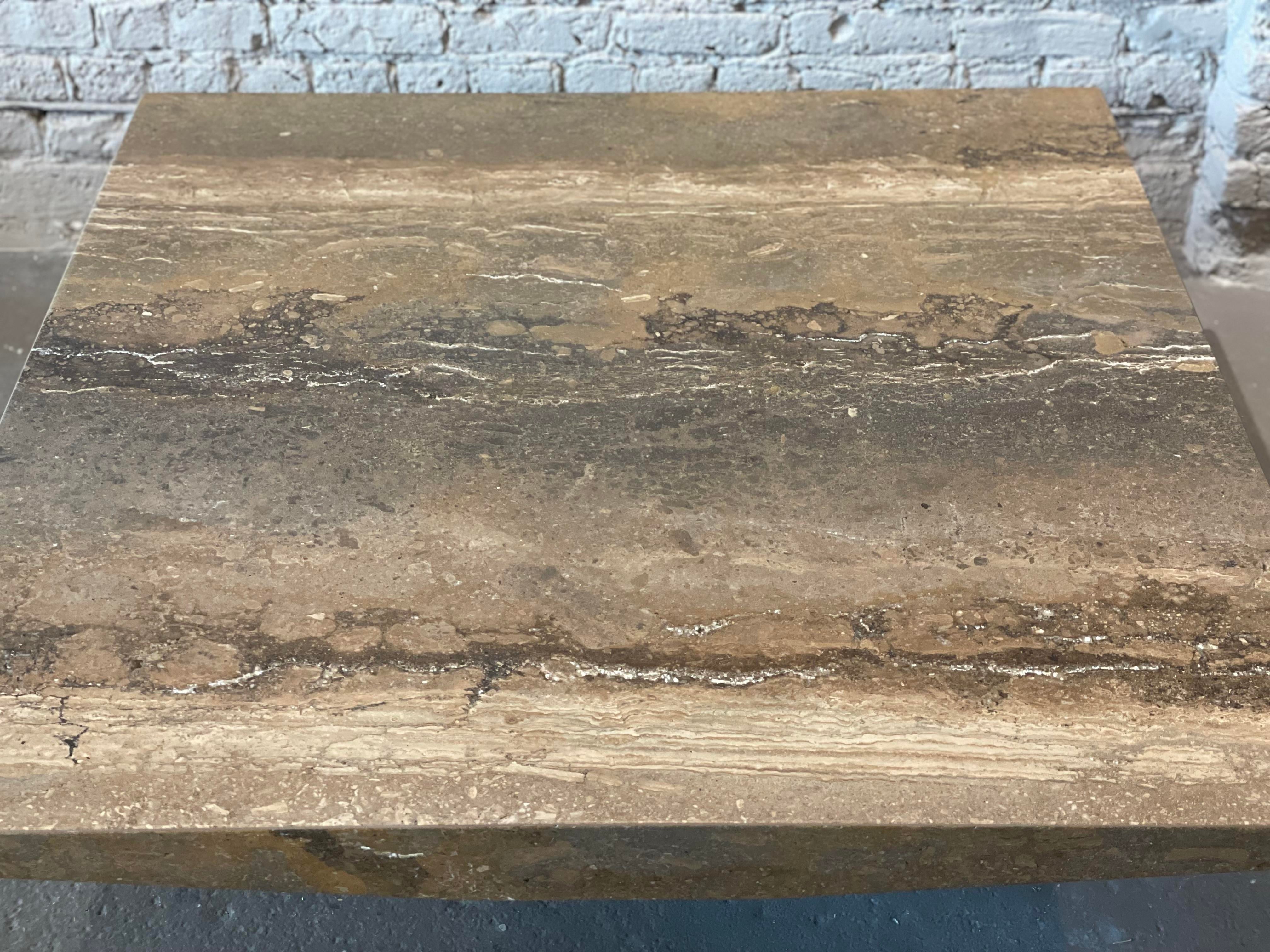 1980s Italian Walnut Travertine Postmodern Coffee Table With Bowed Edge - Honed