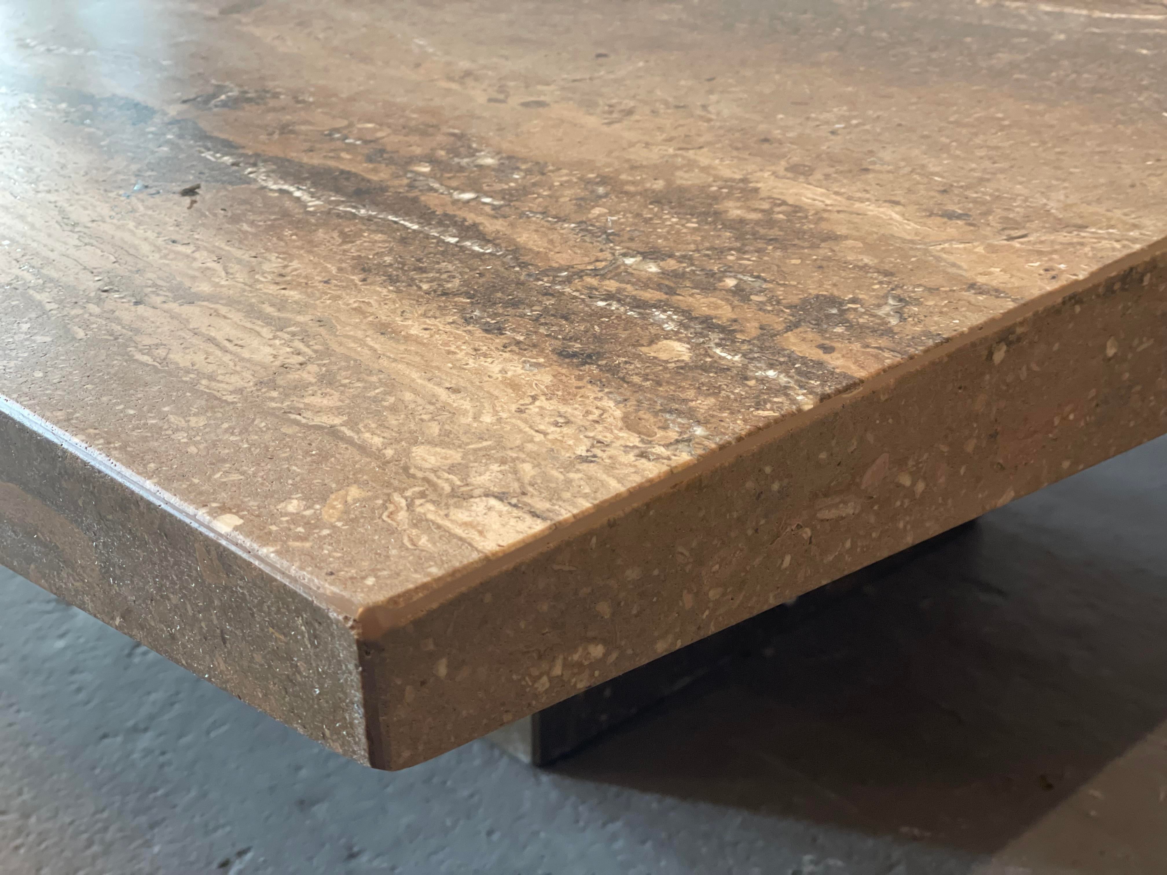 1980s Italian Walnut Travertine Postmodern Coffee Table With Bowed Edge - Honed