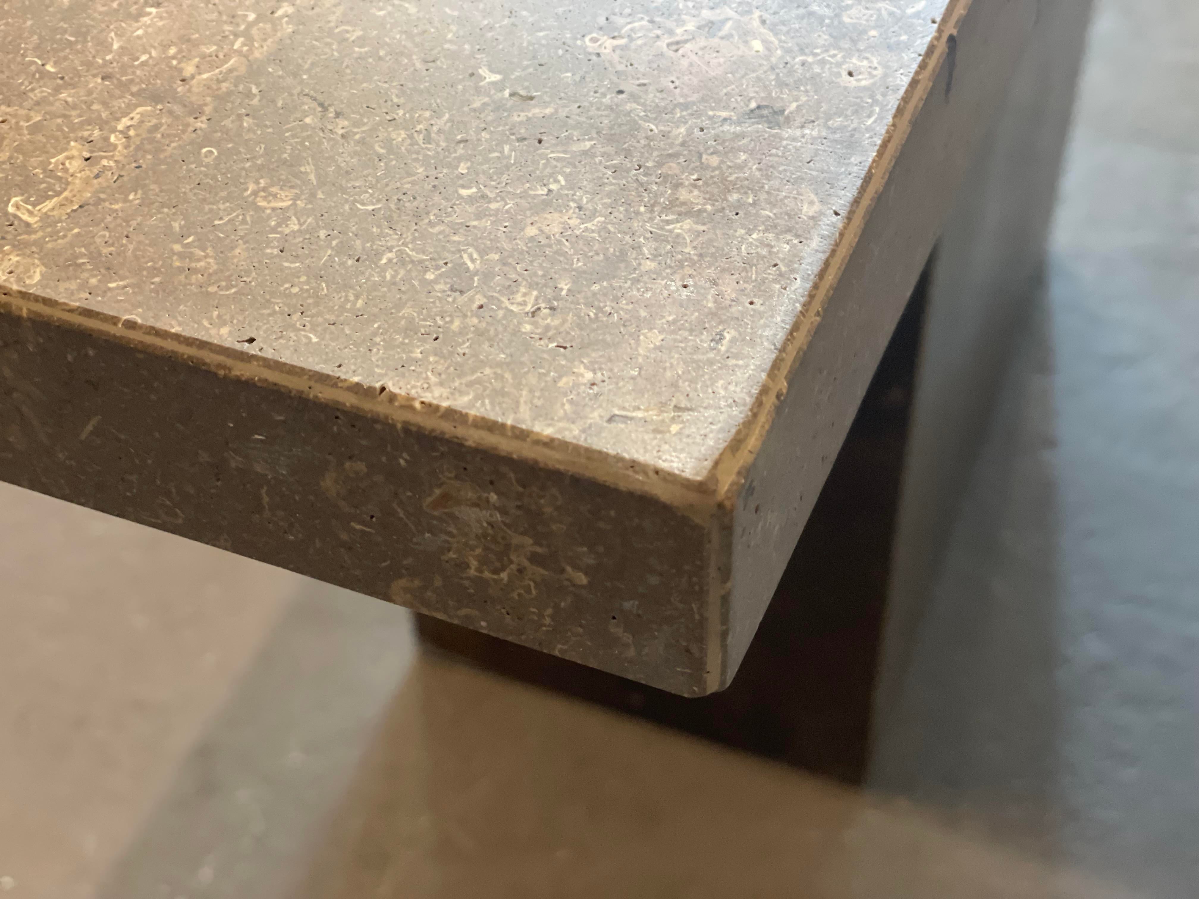 1980s Italian Walnut Travertine Postmodern Console Table With Bowed Edge- Honed