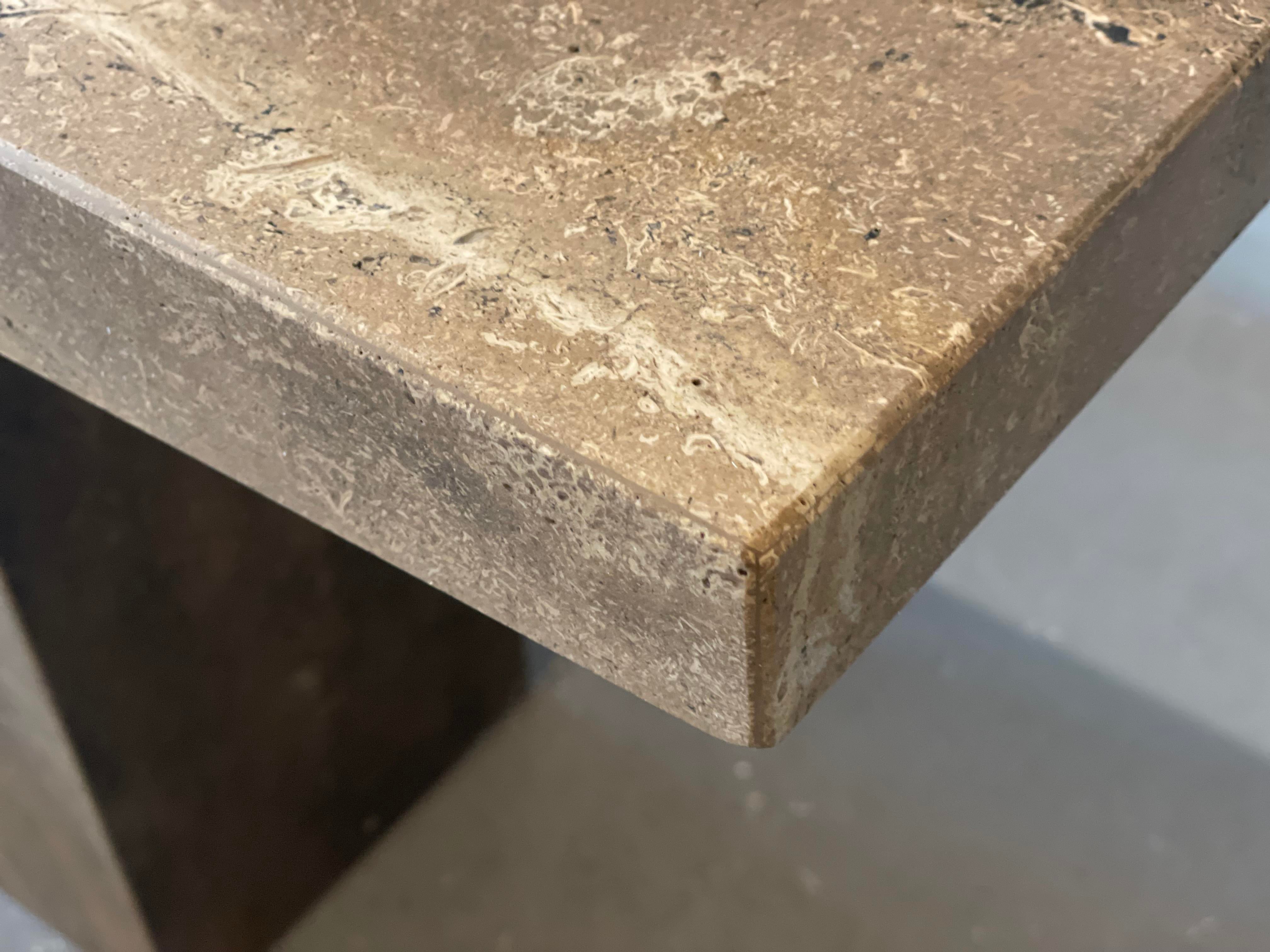 1980s Italian Walnut Travertine Postmodern Console Table With Bowed Edge- Honed