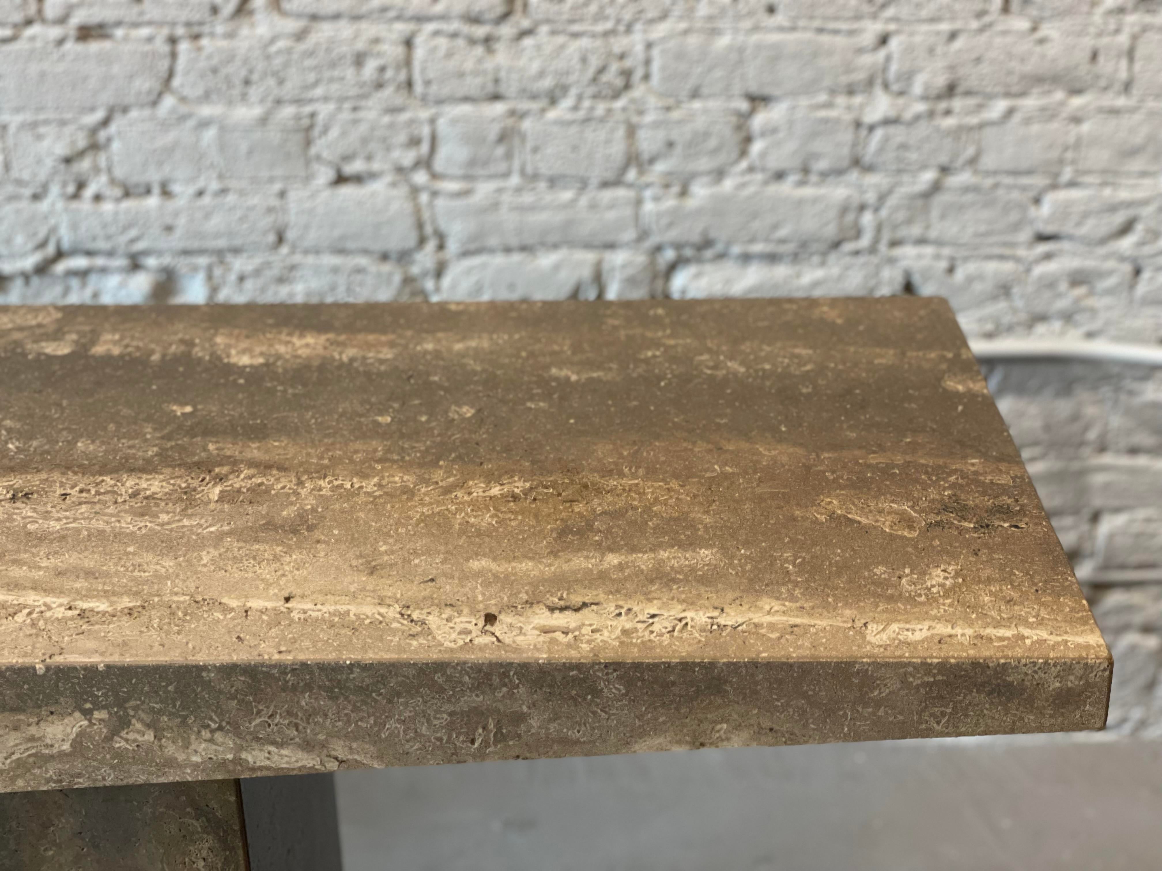 1980s Italian Walnut Travertine Postmodern Console Table With Bowed Edge- Honed