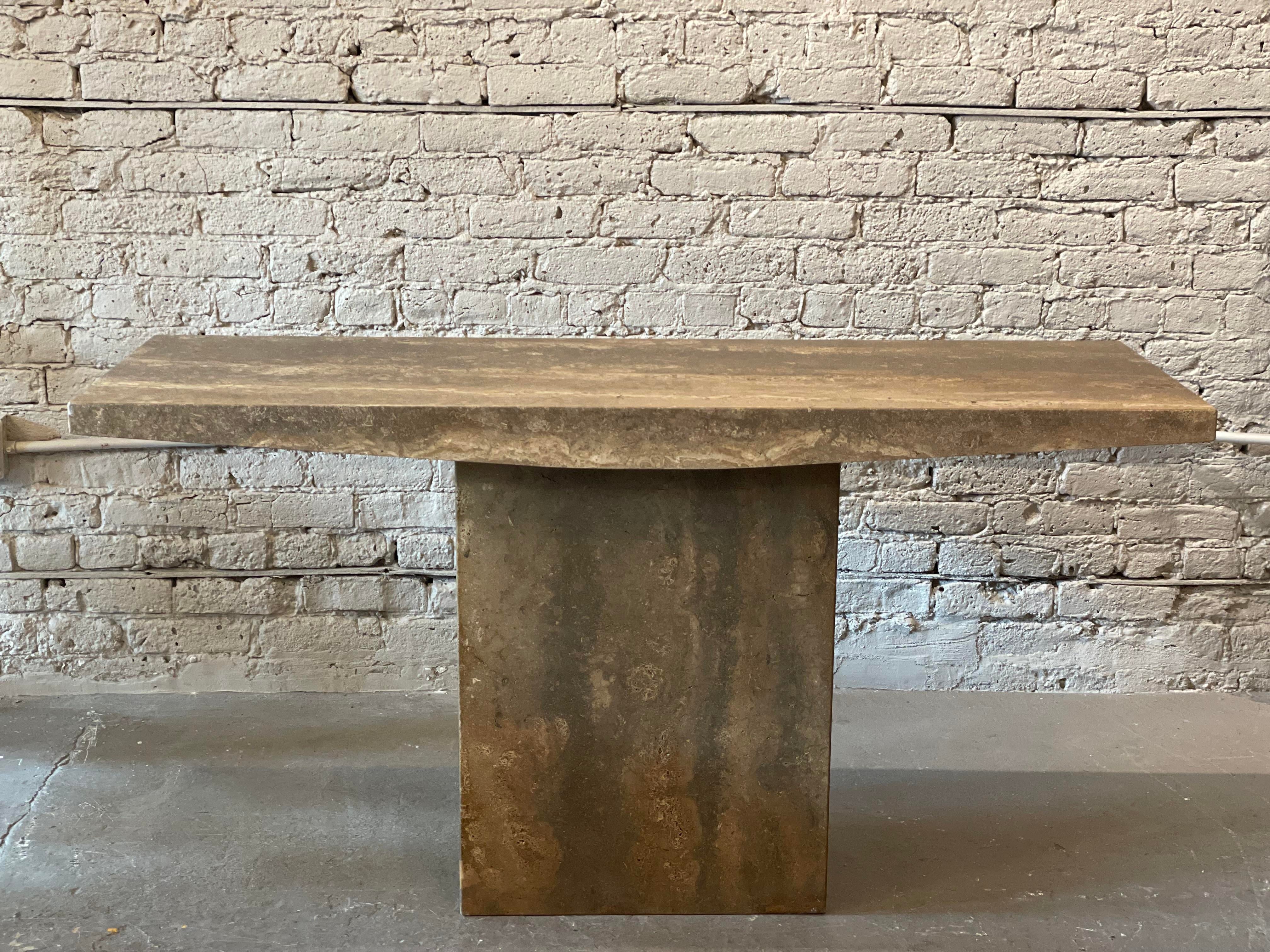 1980s Italian Walnut Travertine Postmodern Console Table With Bowed Edge- Honed