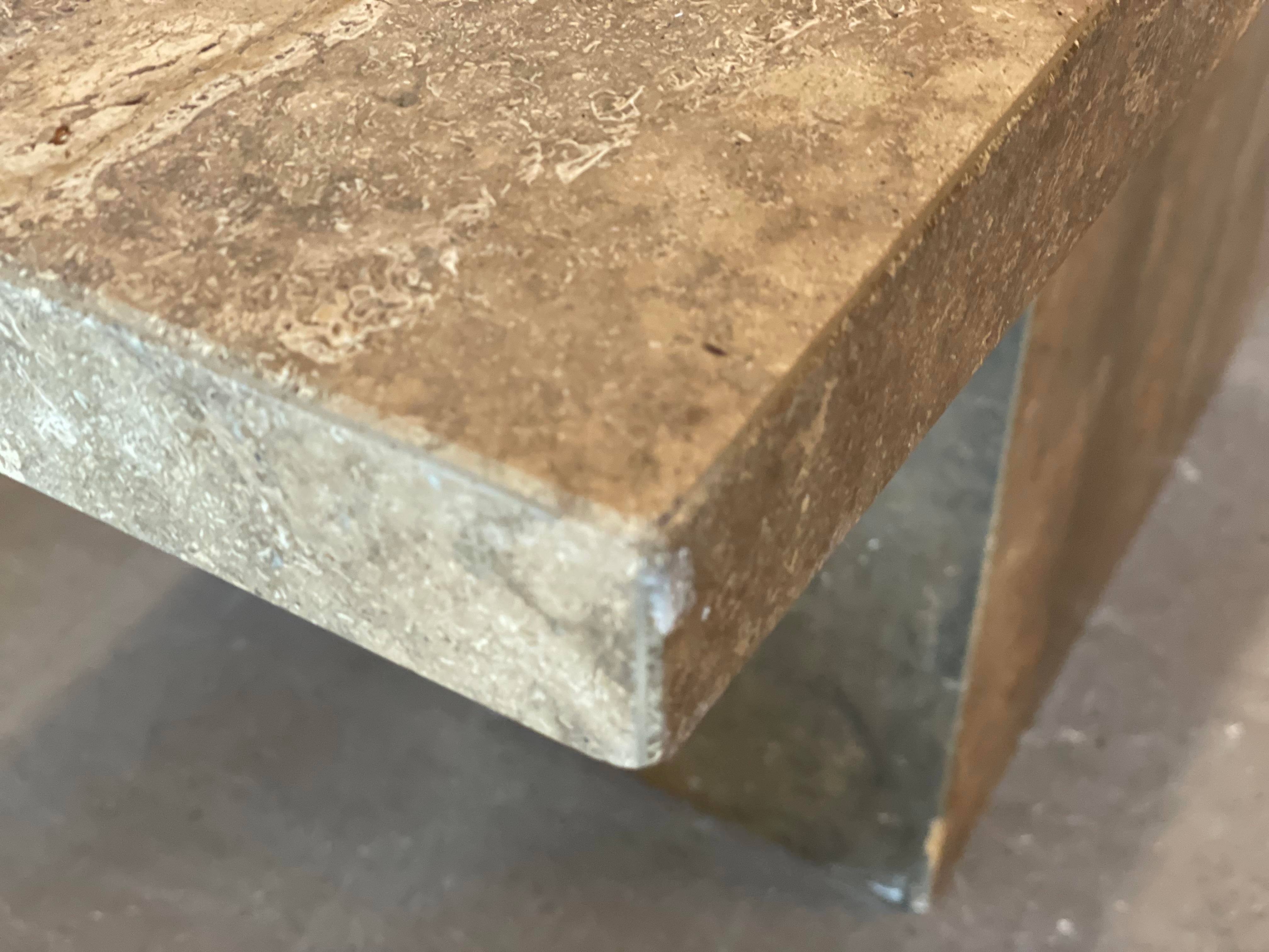 1980s Italian Walnut Travertine Postmodern Console Table With Bowed Edge- Honed