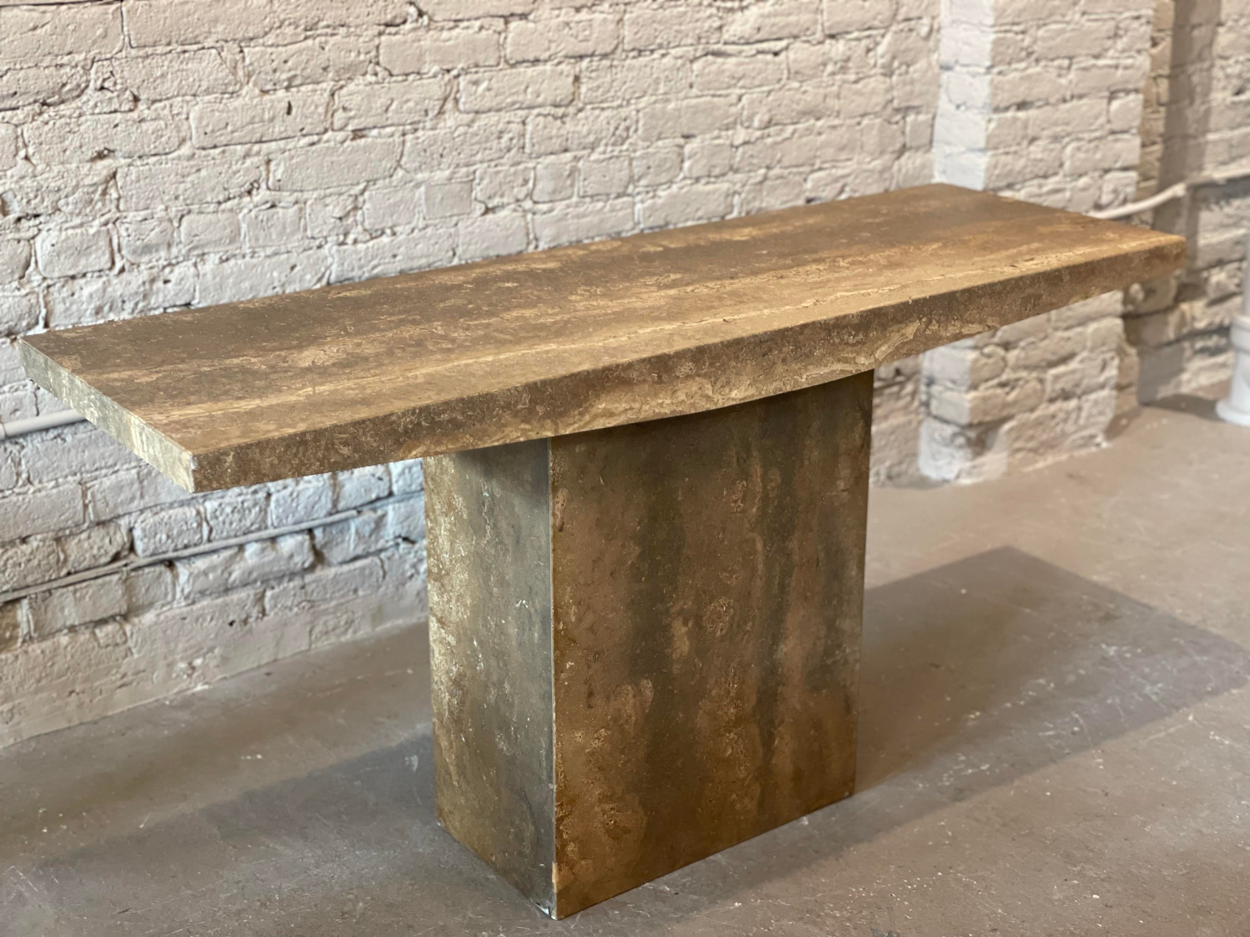1980s Italian Walnut Travertine Postmodern Console Table With Bowed Edge- Honed