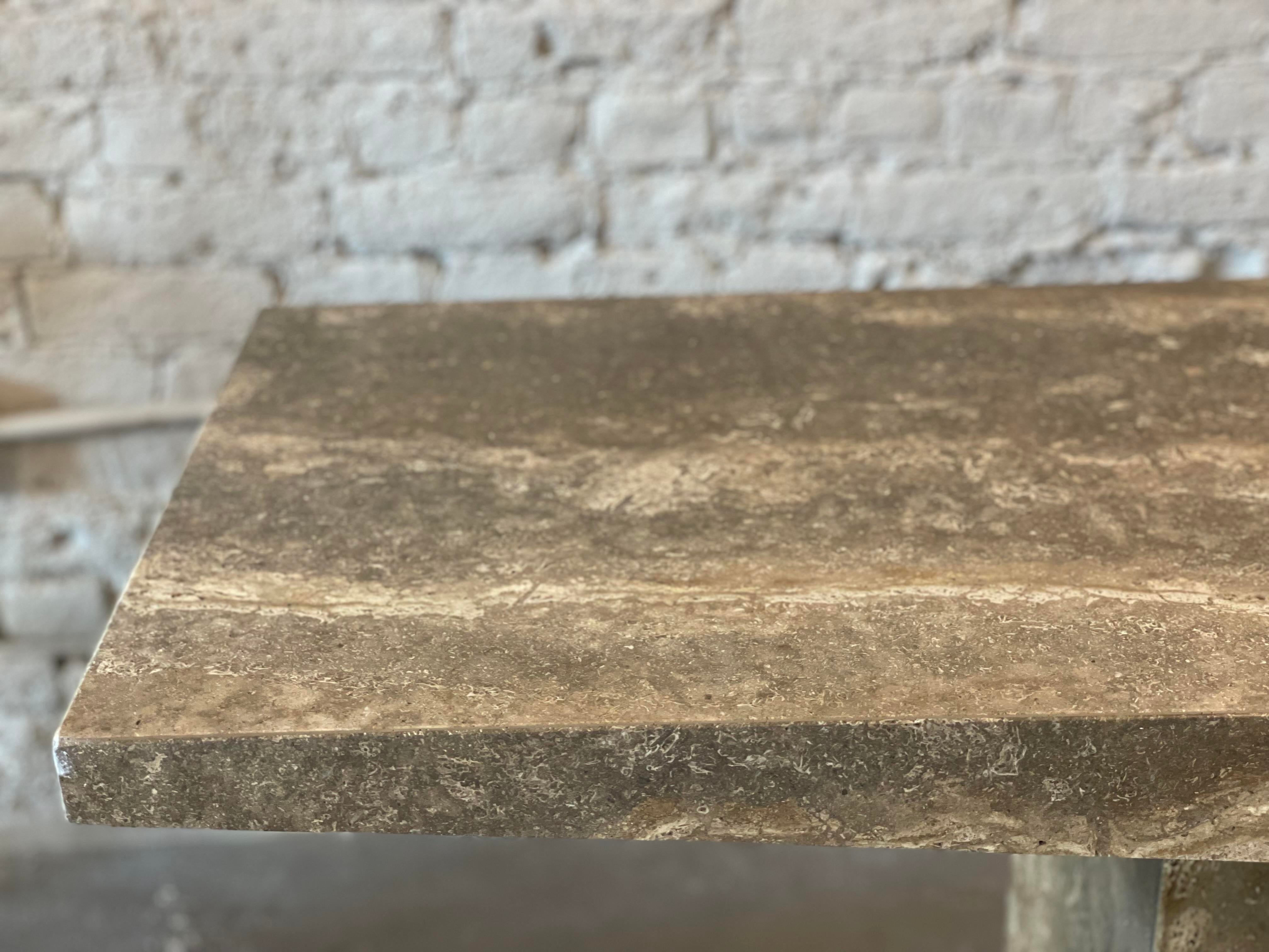 1980s Italian Walnut Travertine Postmodern Console Table With Bowed Edge- Honed