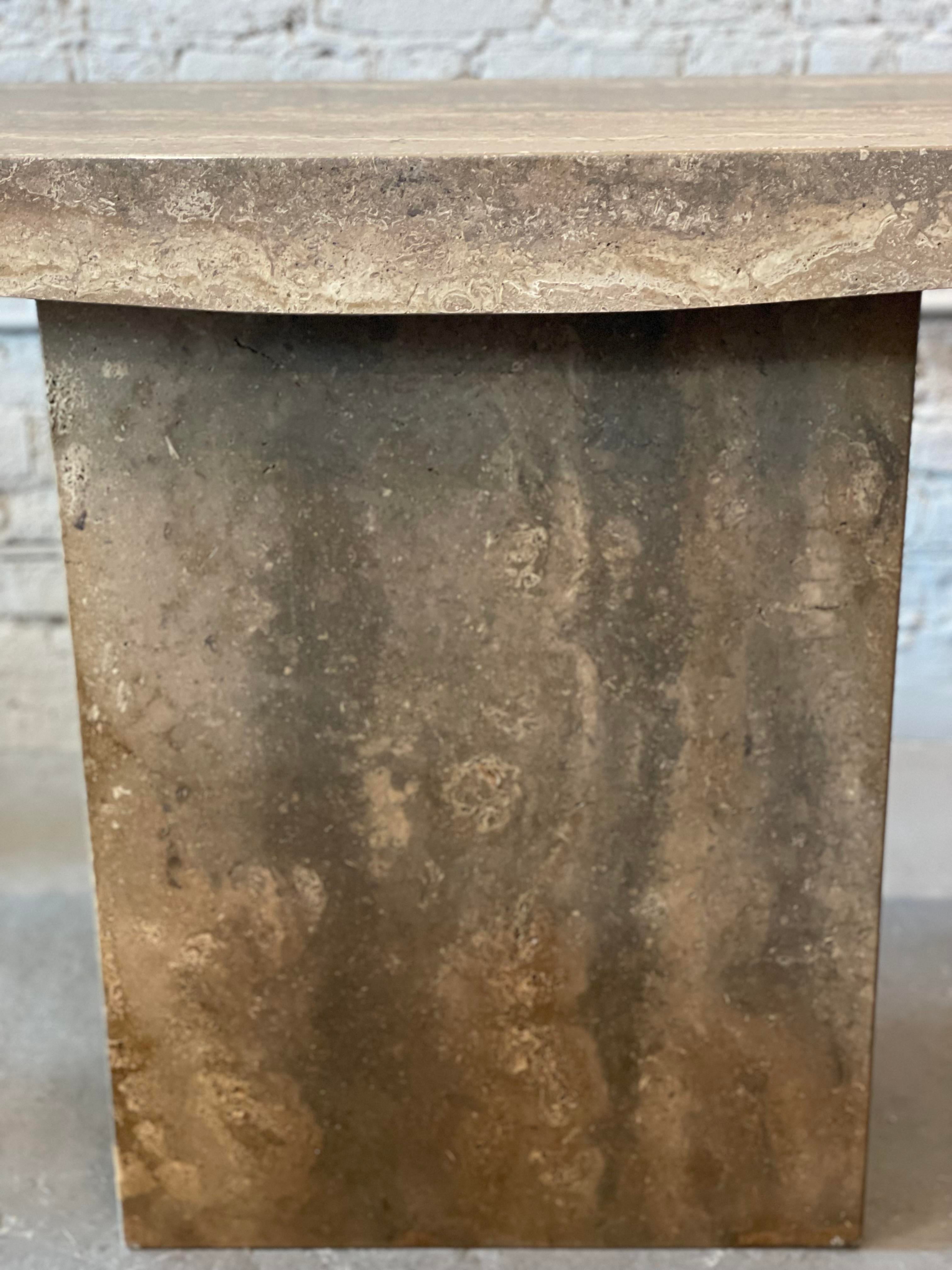 1980s Italian Walnut Travertine Postmodern Console Table With Bowed Edge- Honed
